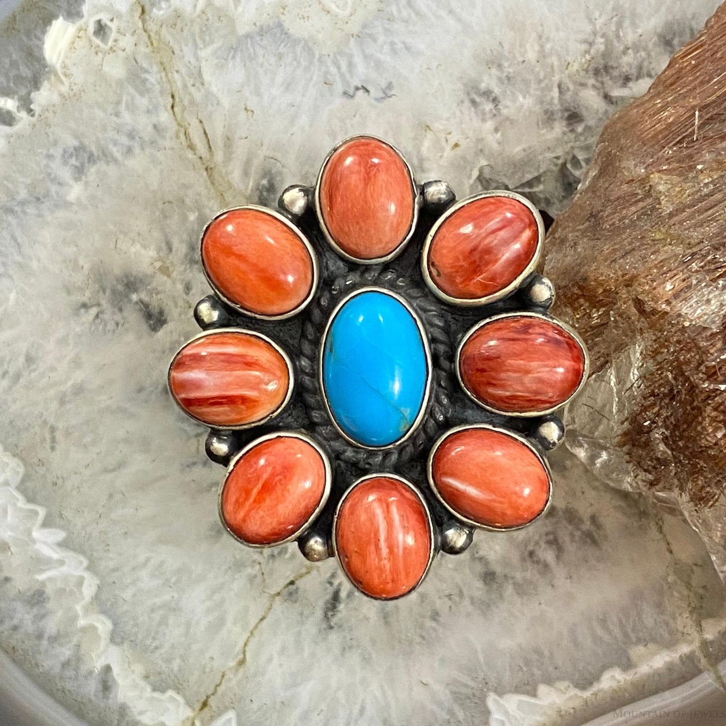 Native American Sterling Spiny Oyster & Turquoise Cluster Ring Size 8 For Women