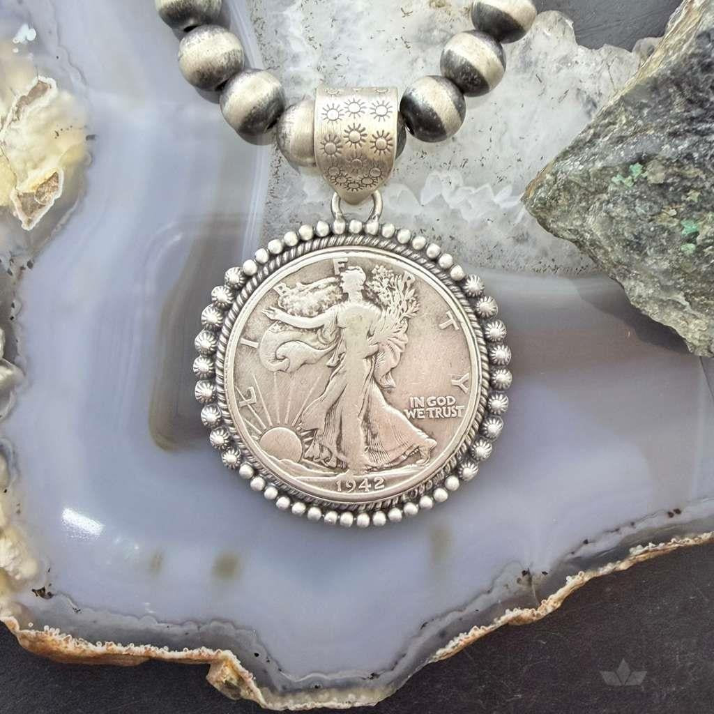 Genuine 90% Silver 1942 US Walking Liberty Half Dollar Decorated Unisex Pendant