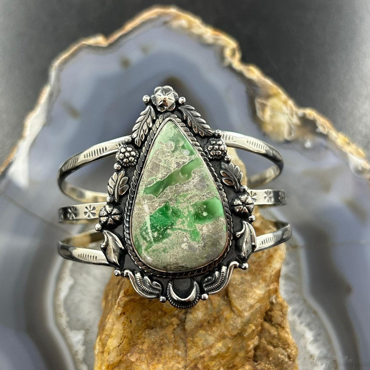 Sterling Silver Southwestern Style Large Teardrop Variscite Bracelet For Women