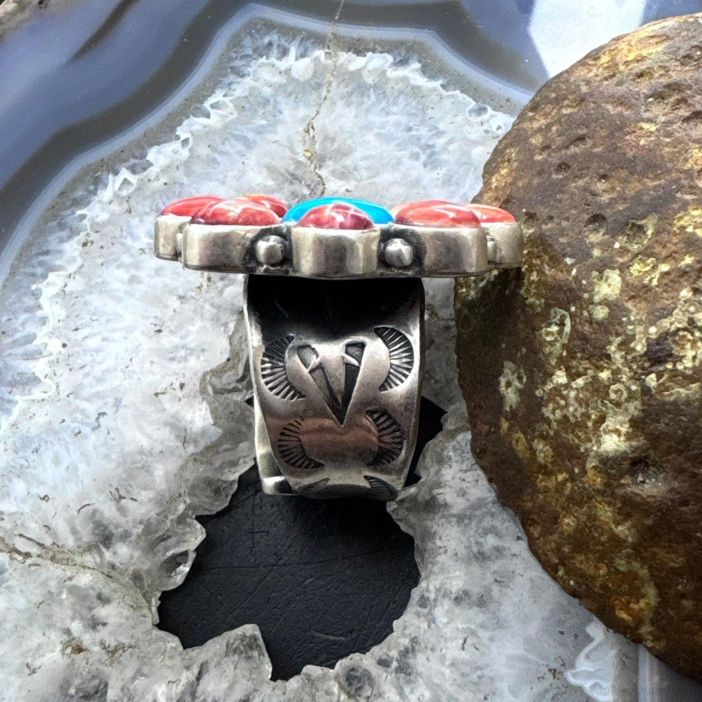 Native American Sterling Silver Turquoise &Spiny Oyster Adjustable Cluster Ring For Women