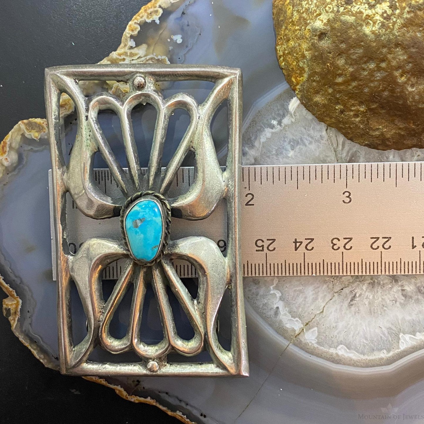 Signed Vintage Native American Silver Sandcast Kingman Turquoise Buckle For Men