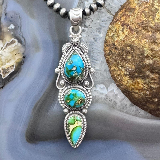 Sterling Silver Southwestern Style 3 Sonora Gold Turquoise Decorated Pendant For Women