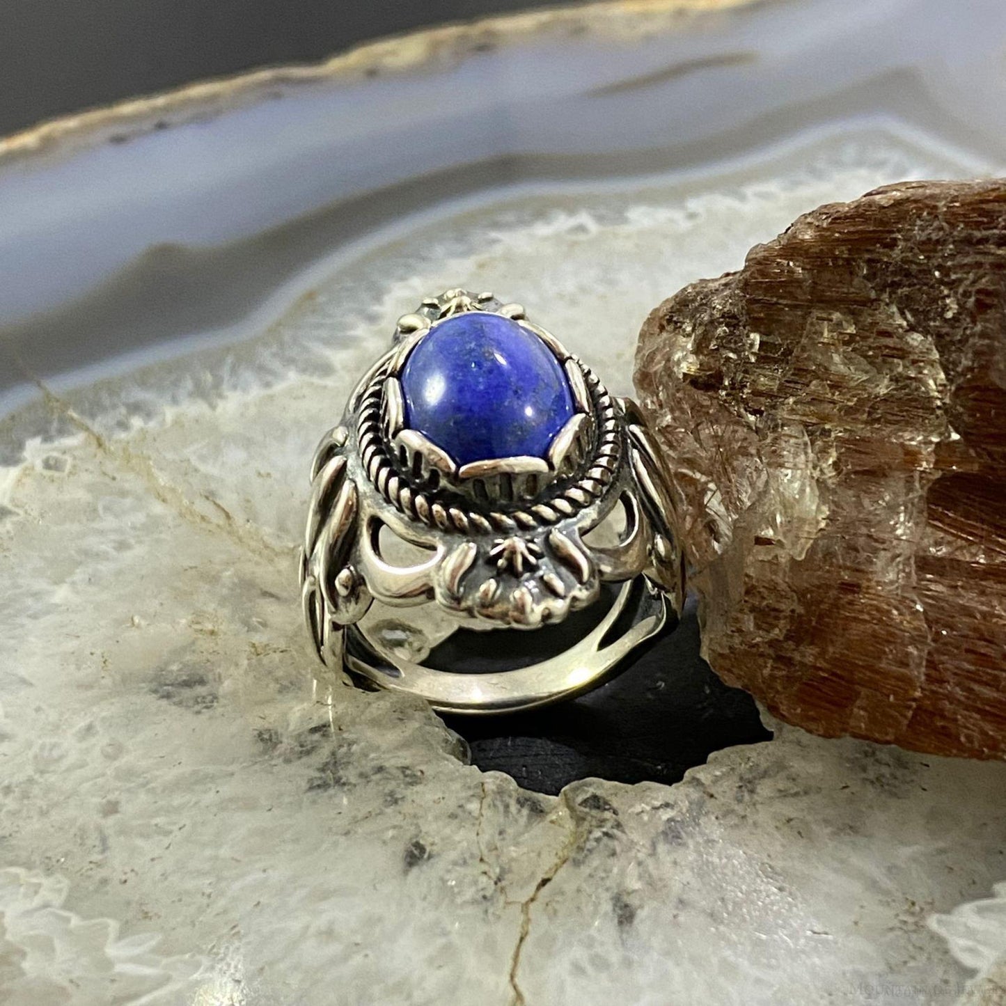 Carolyn Pollack Southwestern Style Sterling Silver Oval Denim Lapis Decorated Ring For Women