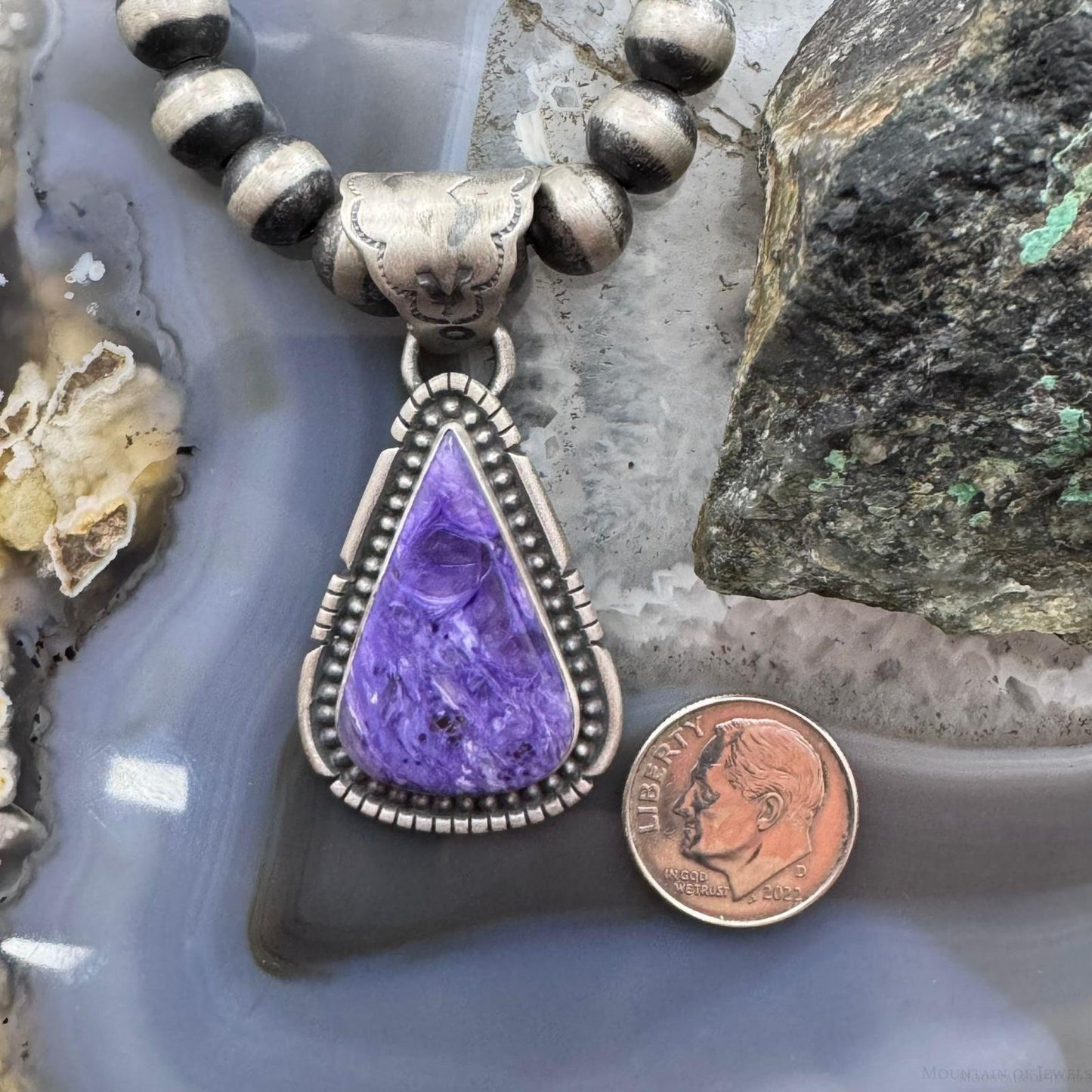 Native American Sterling Silver Triangle Charoite Decorated Pendant For Women