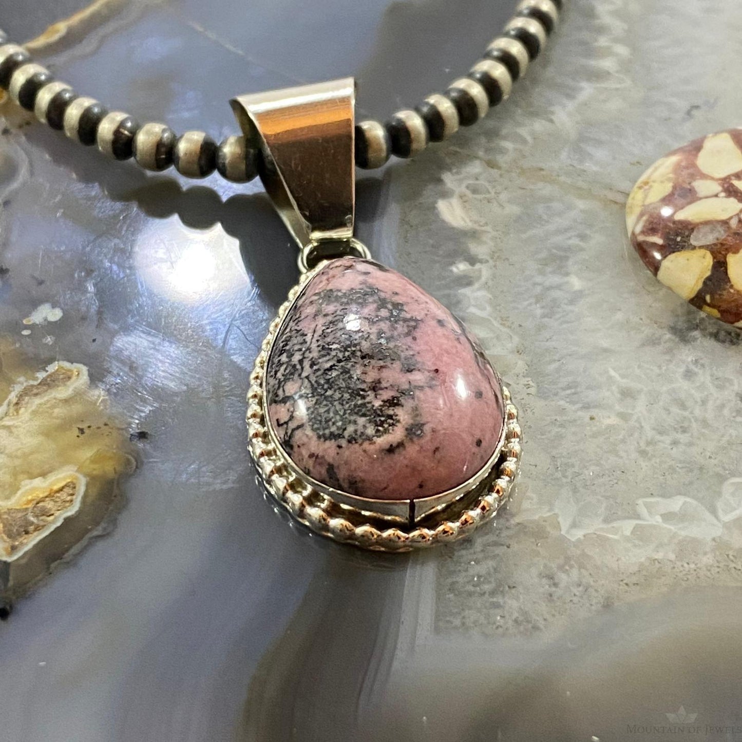 Native American Sterling Silver Rhodonite Teardrop Decorated Pendant For Women