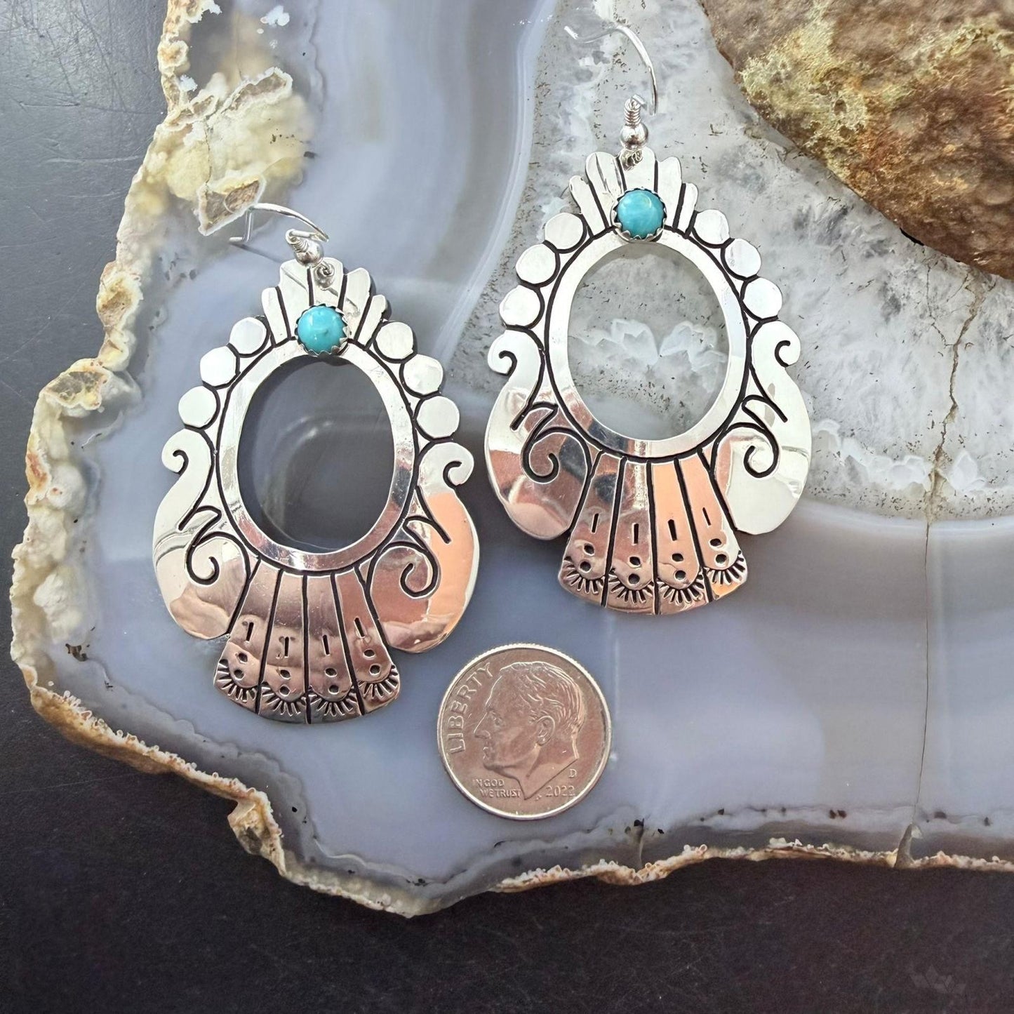 Tommy & Rosita Singer Sterling Silver Turquoise Dot Engraved Dangle Earrings For Women