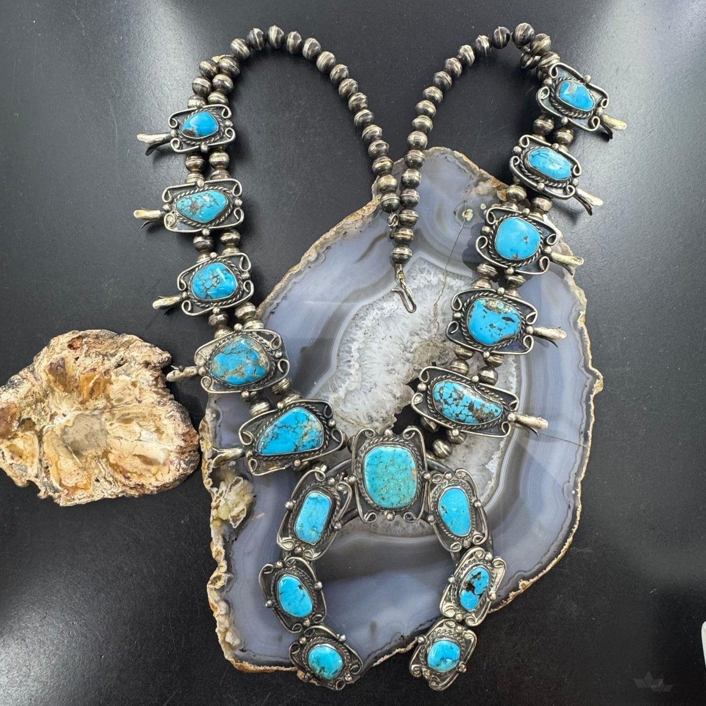 Vintage Native American Silver Matrix Turquoise 24" Squash Blossom Necklace For Women