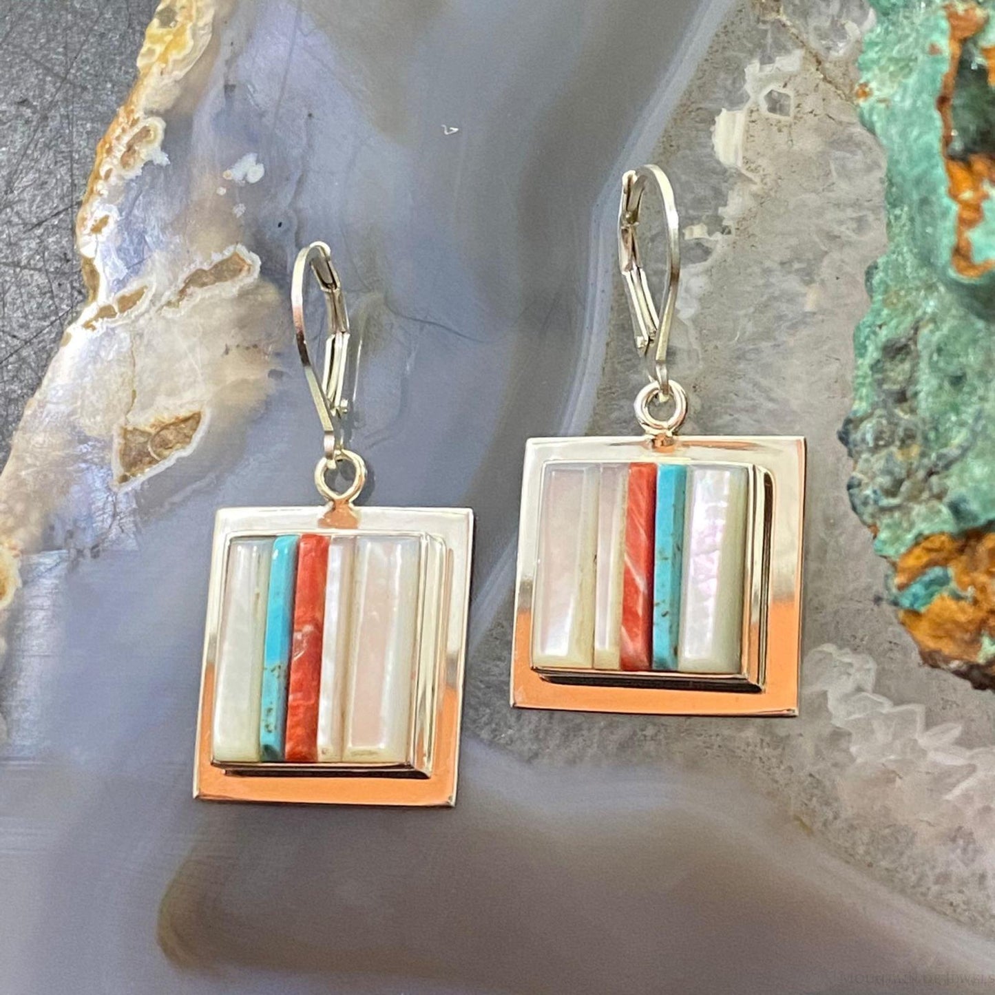 Veronica Benally Native American Silver Multi Stone Cobblestone Dangle Earrings