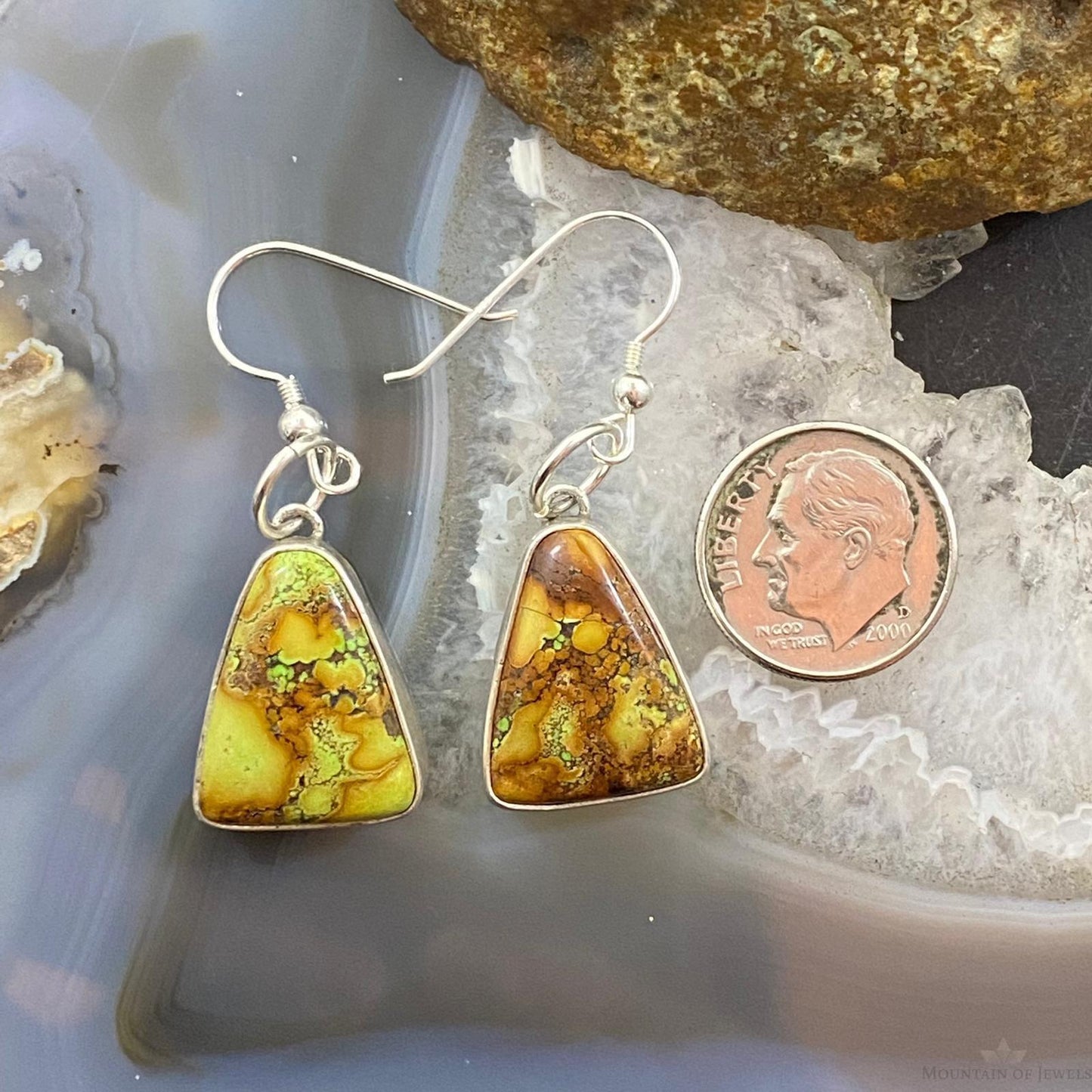 D. Livingston Vintage Sterling Silver Triangle Agate Dangle Earrings For Women
