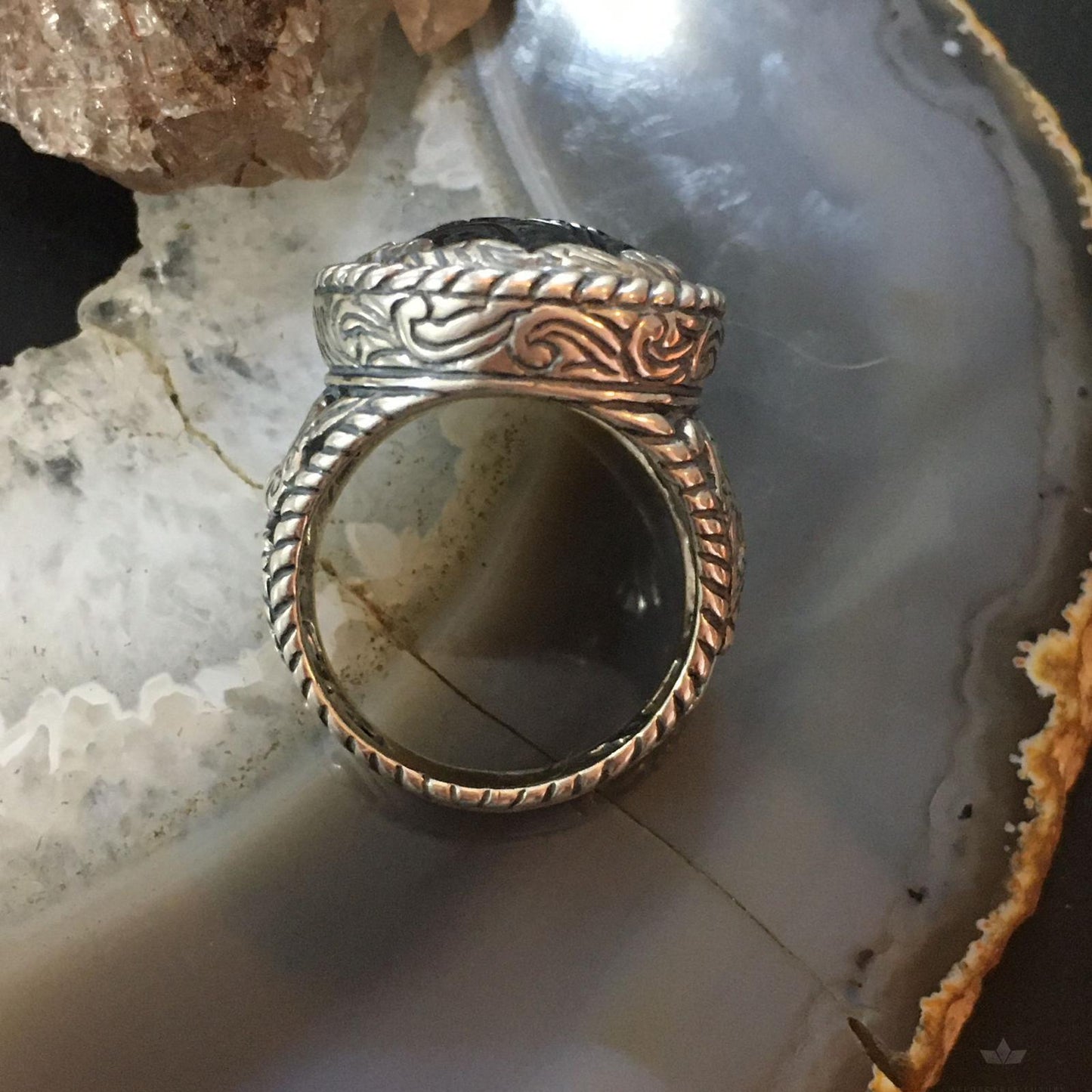 Carolyn Pollack Sterling Silver Oval Carved Black Onyx Decorated Unisex Ring