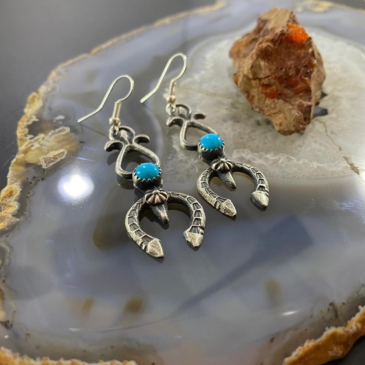 Kevin Billah Native American Sterling Silver Sandcast Turquoise Naja Dangle Earrings #4