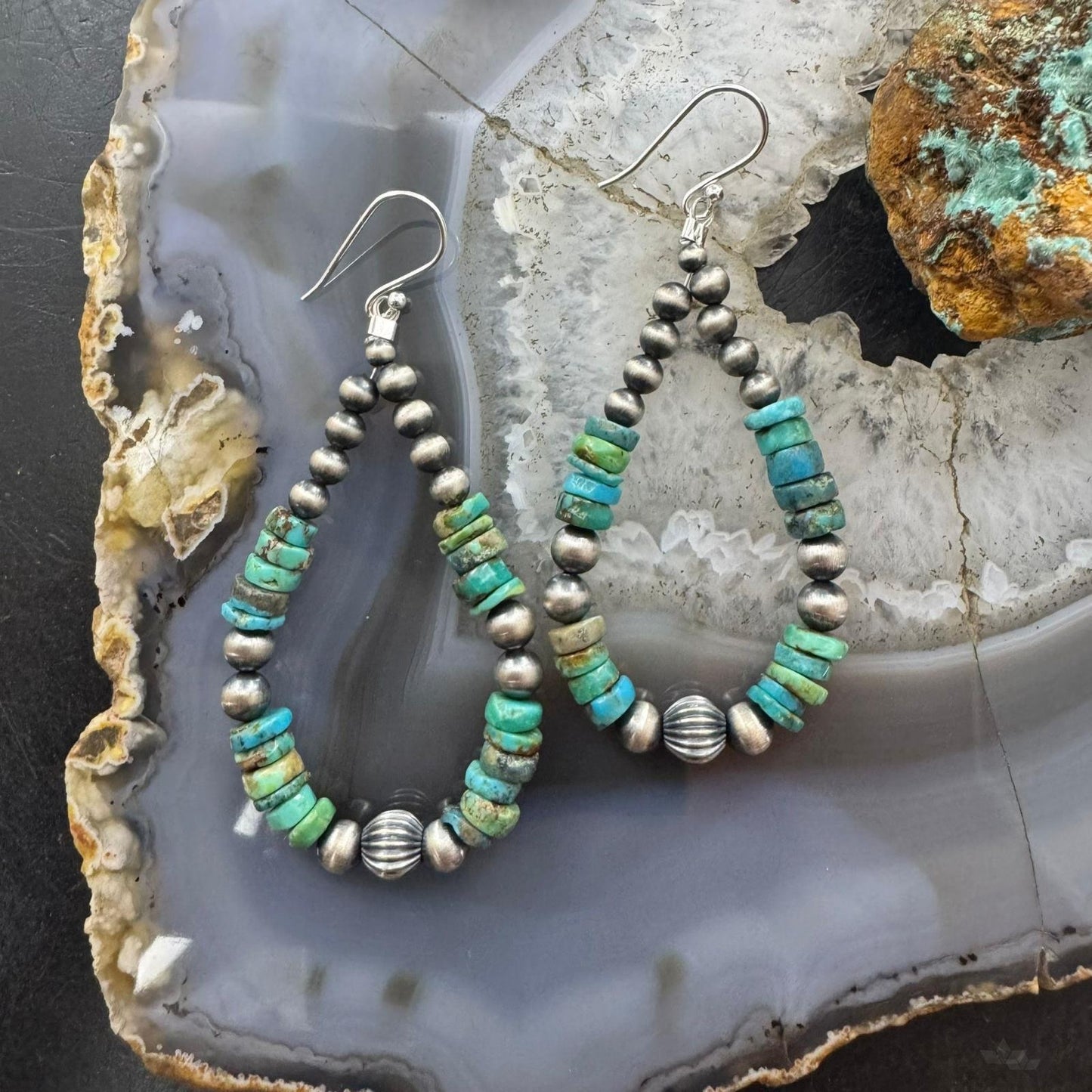 Sterling Silver 4-6mm Navajo Pearl Southwester Style & 6mm Turquoise Bead Hoop Earrings For Women