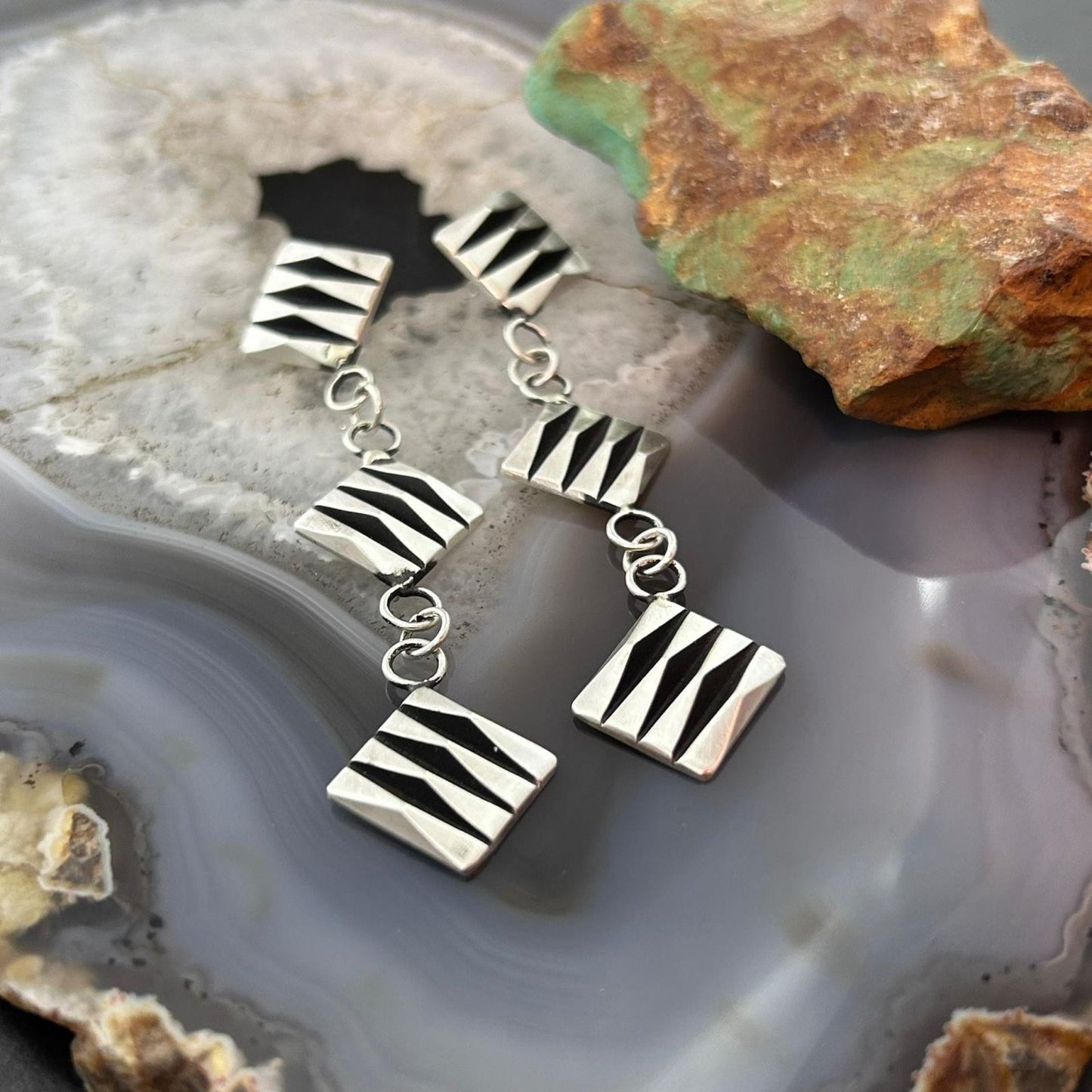 Leander Tahe Native American Sterling Silver 3 Square 3D Geometric Dangle Earrings For Women