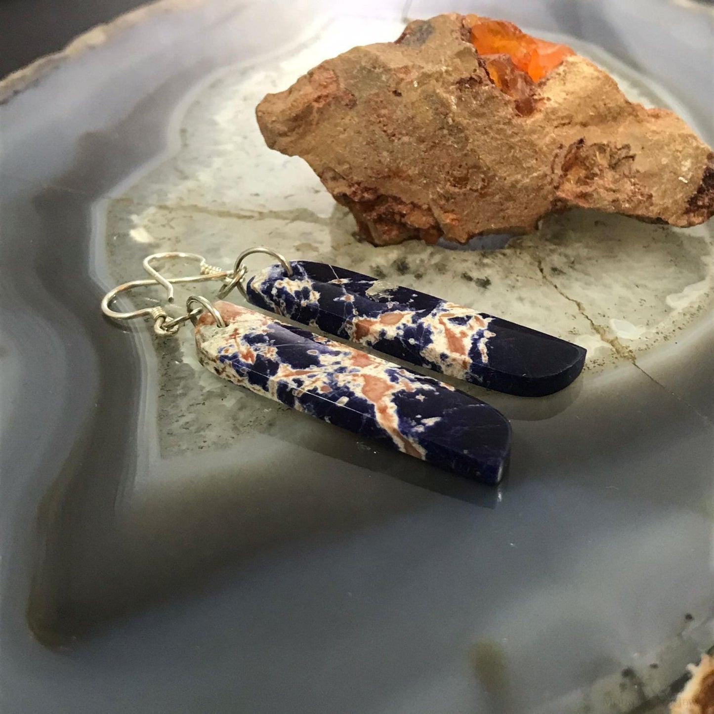 Sterling Silver Elongated Tilde Shape Blue Sodalite Slab Dangle Earrings For Women #217