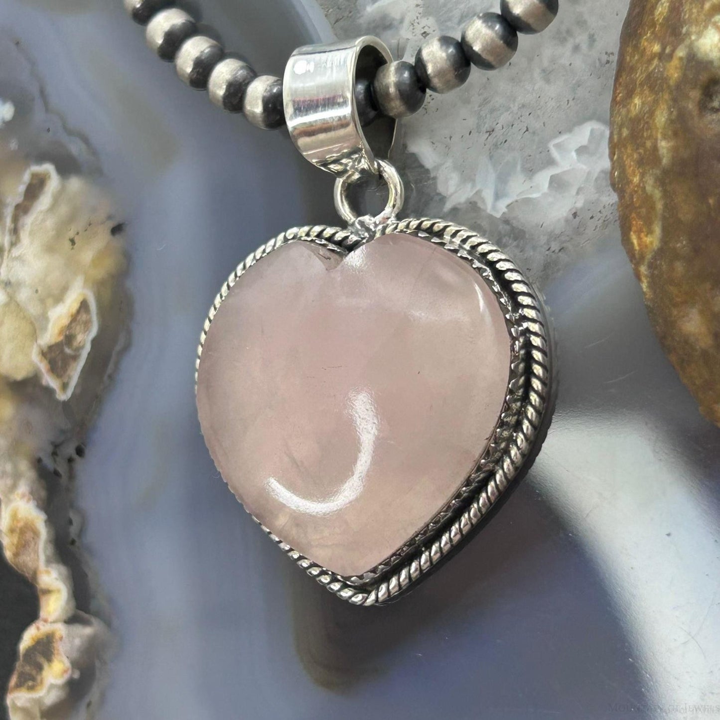 Sterling Silver Southwestern Style Rose Quartz Heart Pendant For Women #1