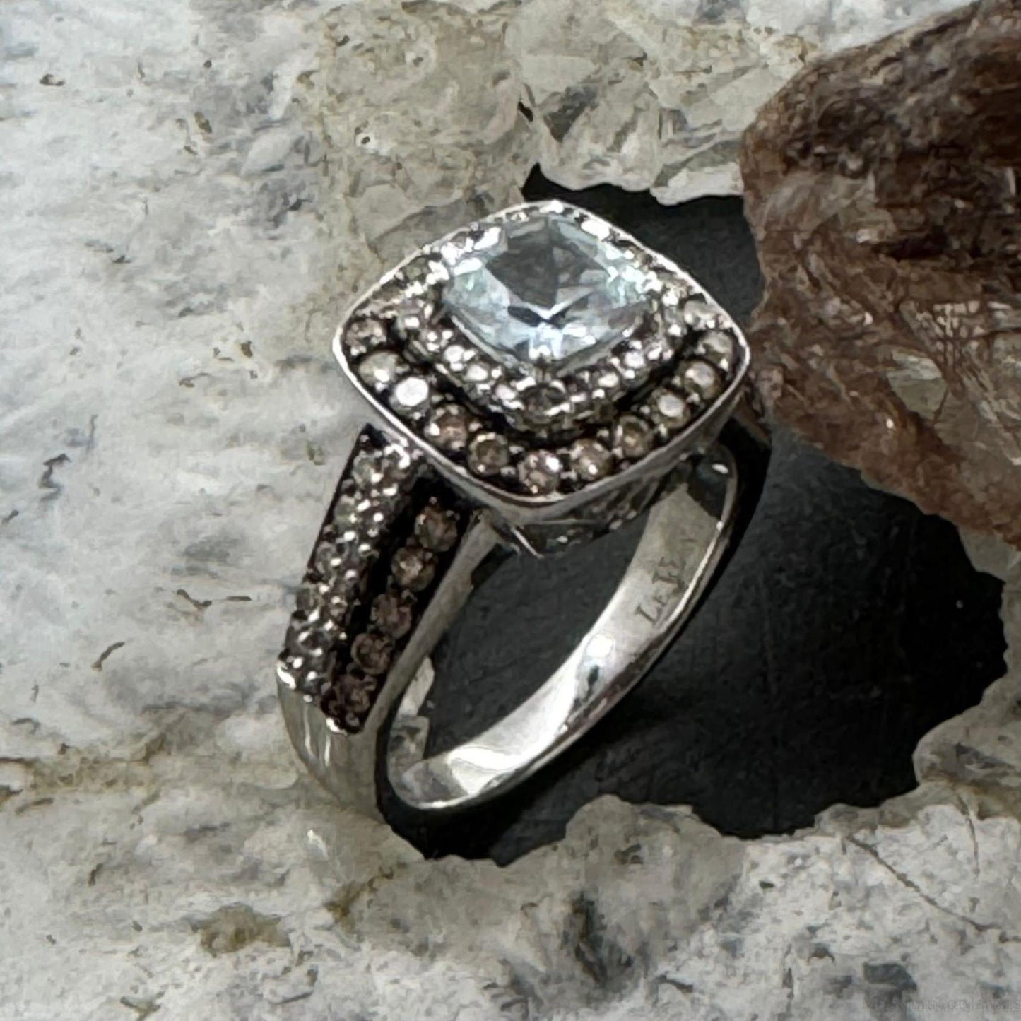 Le Vian 14K White Gold Ring with Square Aquamarine Chocolate & White Diamonds