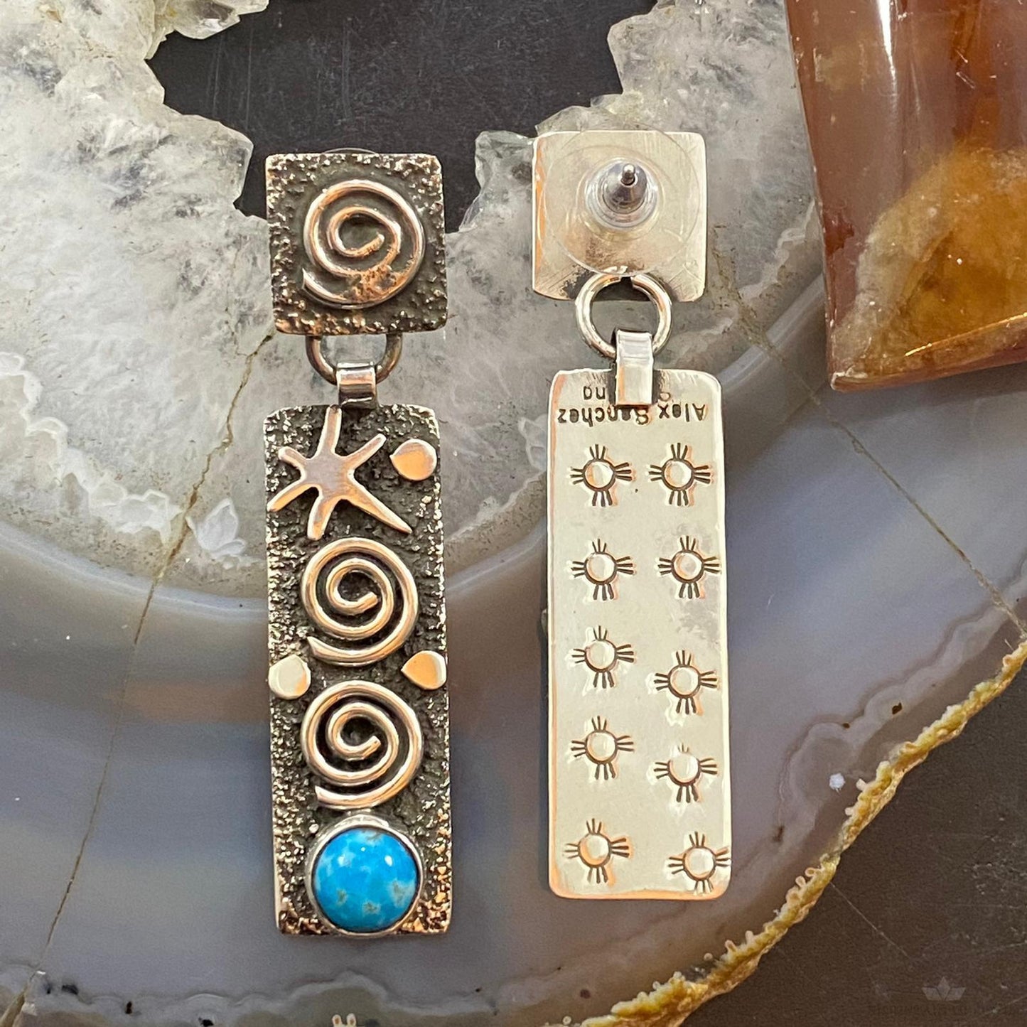 Alex Sanchez Sterling Silver Turquoise Petroglyph Post Earrings For Women #1