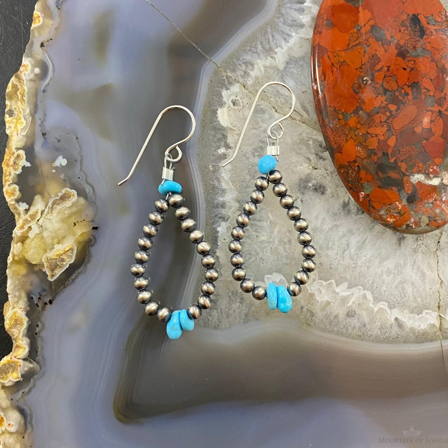 Navajo Pearl Beads 3mm & Turquoise Sterling Silver Teardrop Hoop Earrings