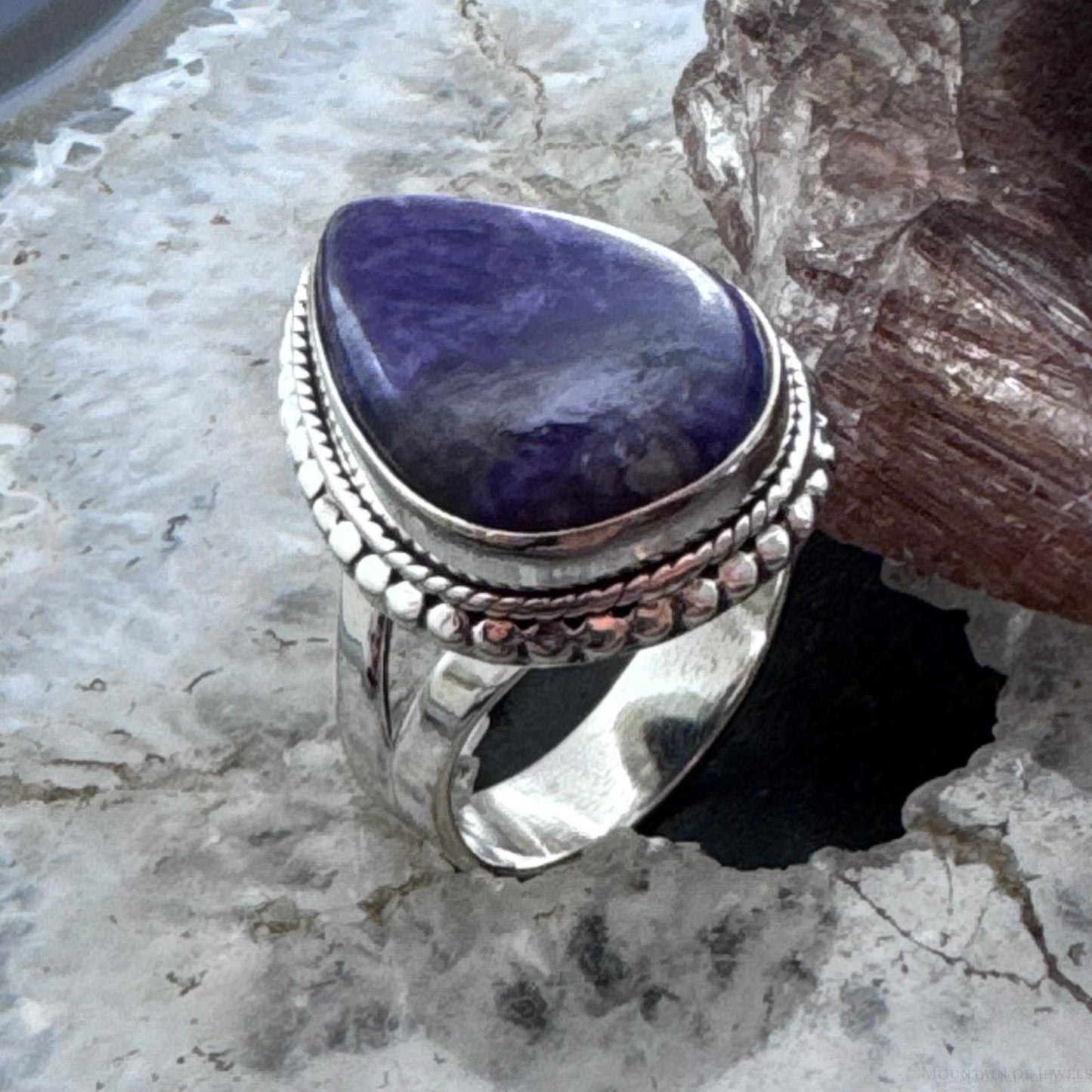 Sterling Silver Southwestern Style Teardrop Charoite Decorated Ring Size 9.5 For Women