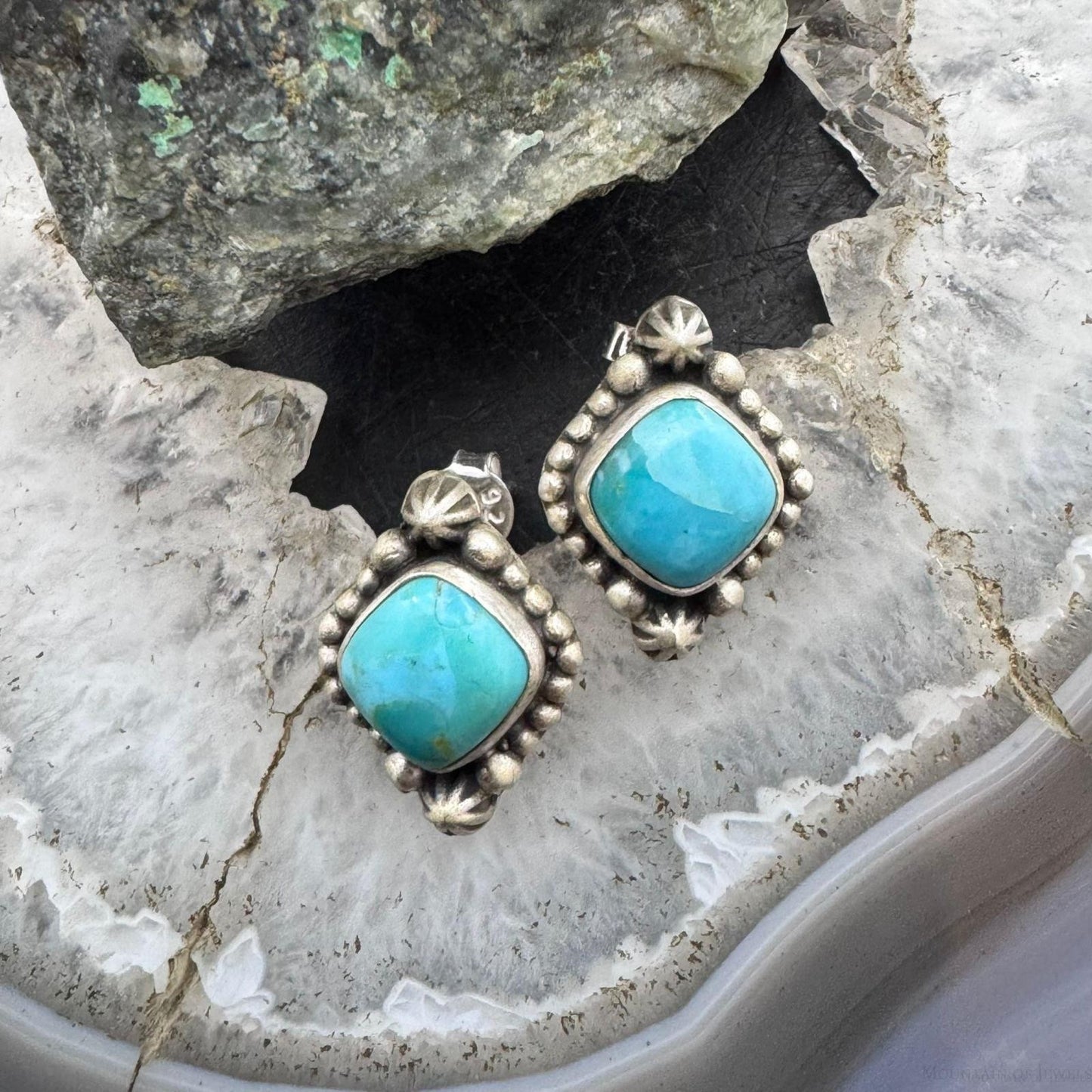 Sterling Silver Southwestern Style Square Turquoise Stud Earrings For Women