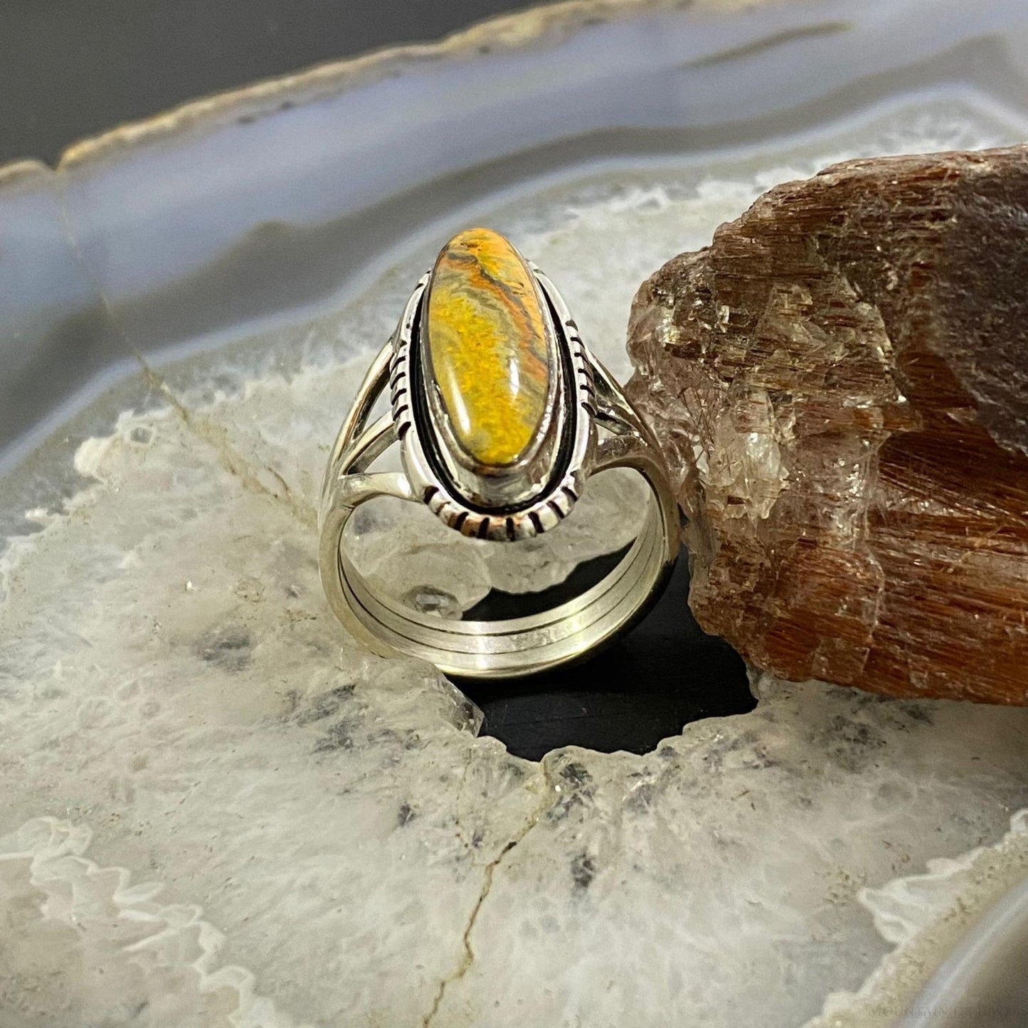 Native American Sterling Marquise Bumblebee Jasper Ring Size 10.75 For Women