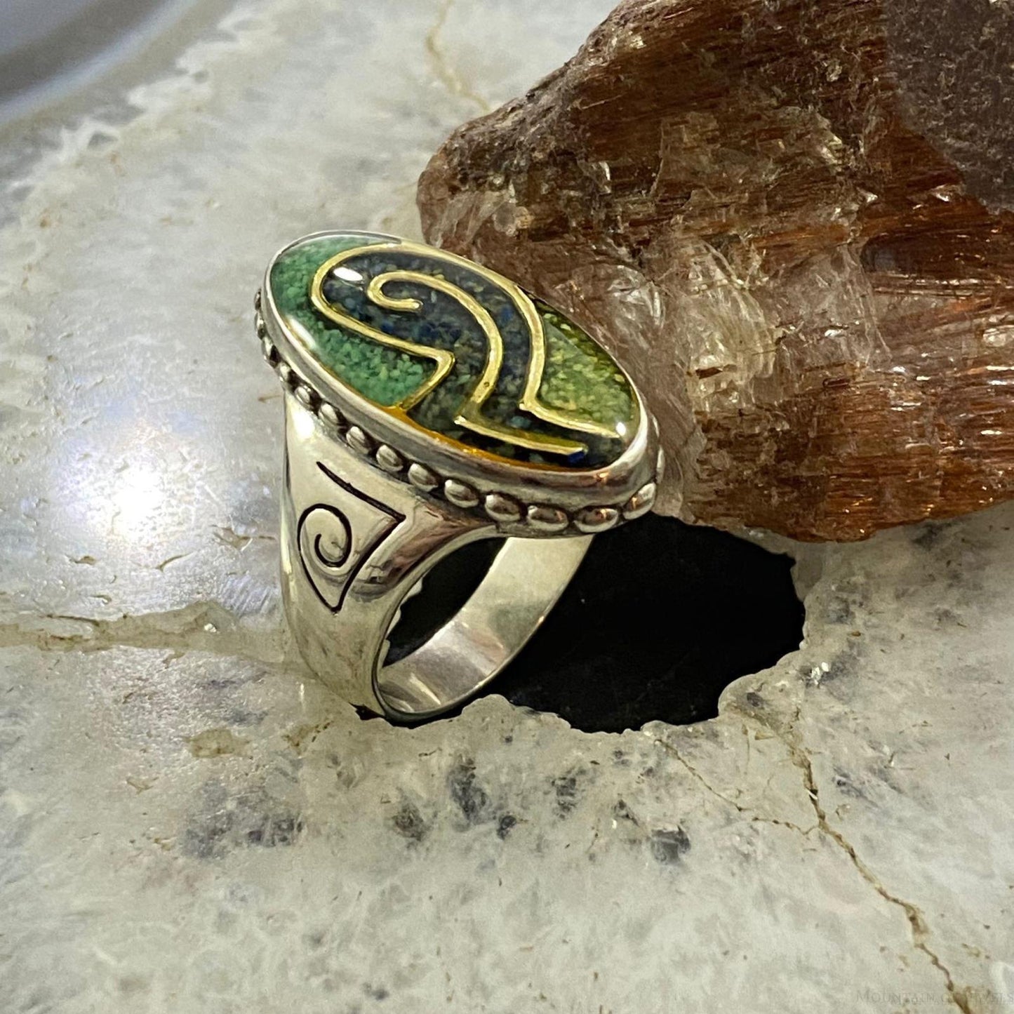 Carolyn Pollack Southwestern Style Sterling Green Turquoise & Lapis Chip Inlay Oval Ring For Women