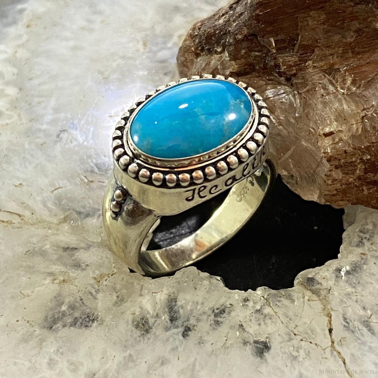 Carolyn Pollack Southwestern Style Sterling Silver Horizontally Mounted Oval Turquoise Decorated Ring For Women