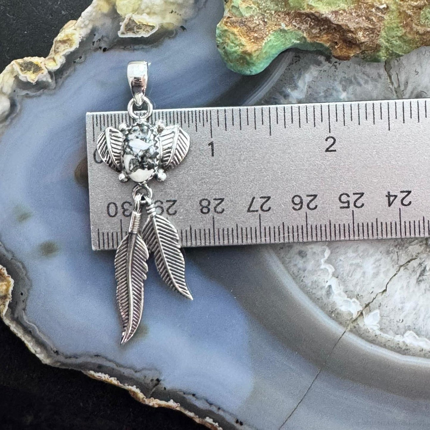 Sterling Silver Southwestern Style White Buffalo Feathers w/Leaves Pendant For Women