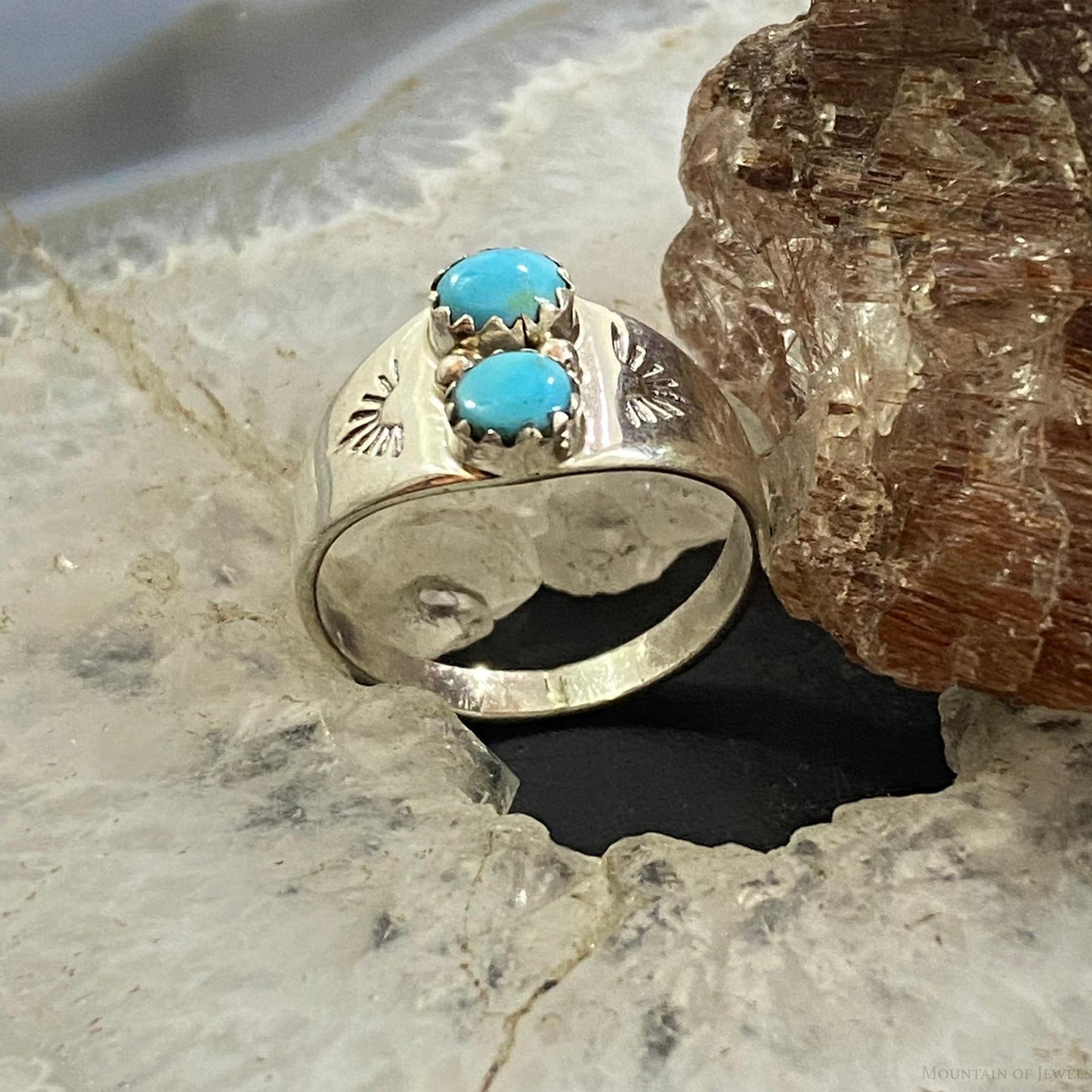 Native American Sterling Double Turquoise Decorated Ring Size 5/ 6.5 /7.5 / 8 For Women