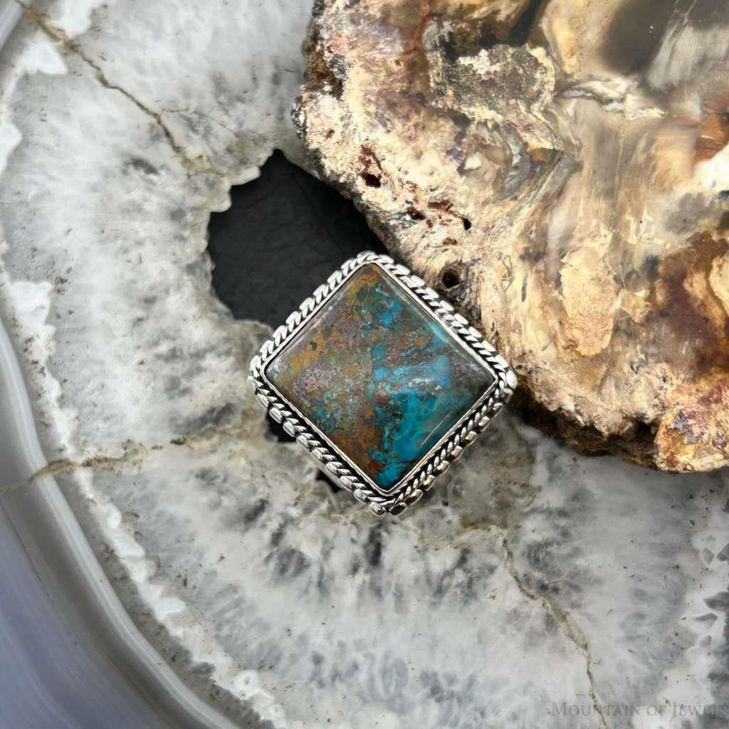 Sterling Silver Southwestern Style Chrysocolla Decorated Bar Ring Size 7.5 For Women