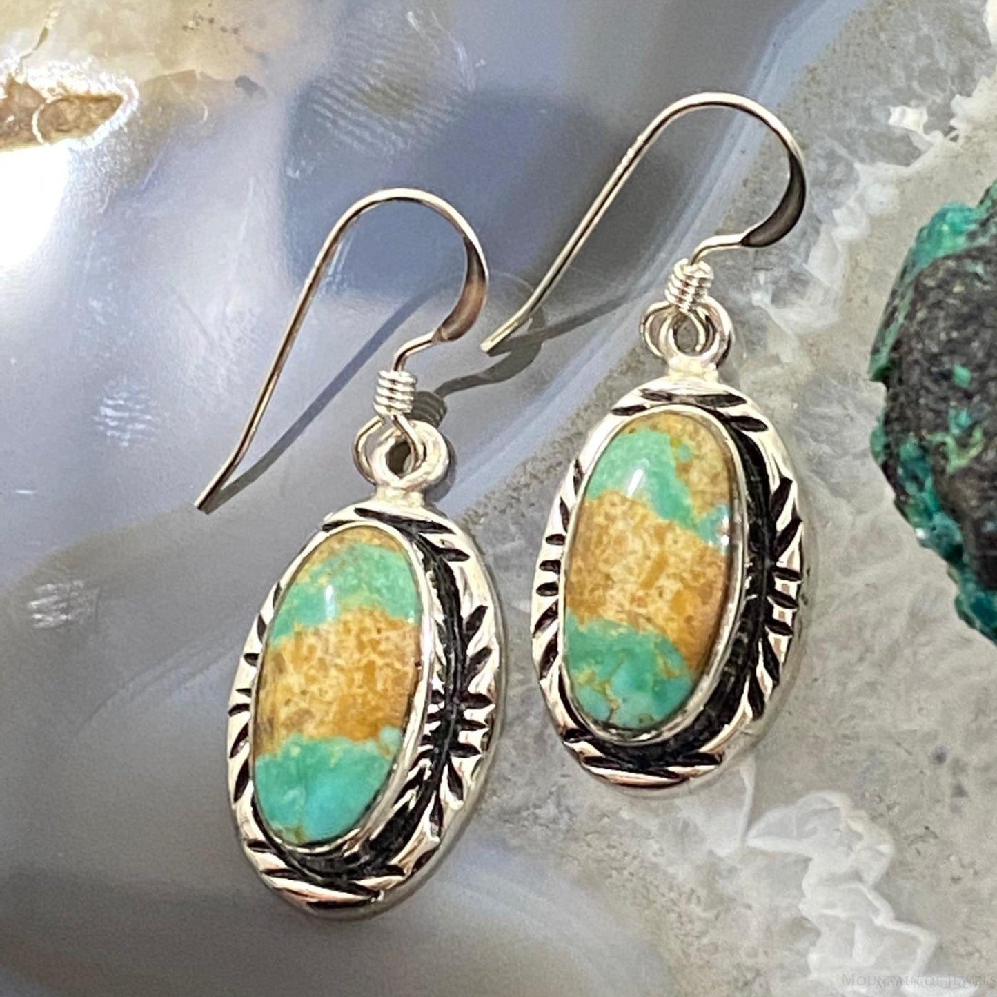 Native American Sterling Silver Oval Ribbon Boulder Turquoise Dangle Earrings