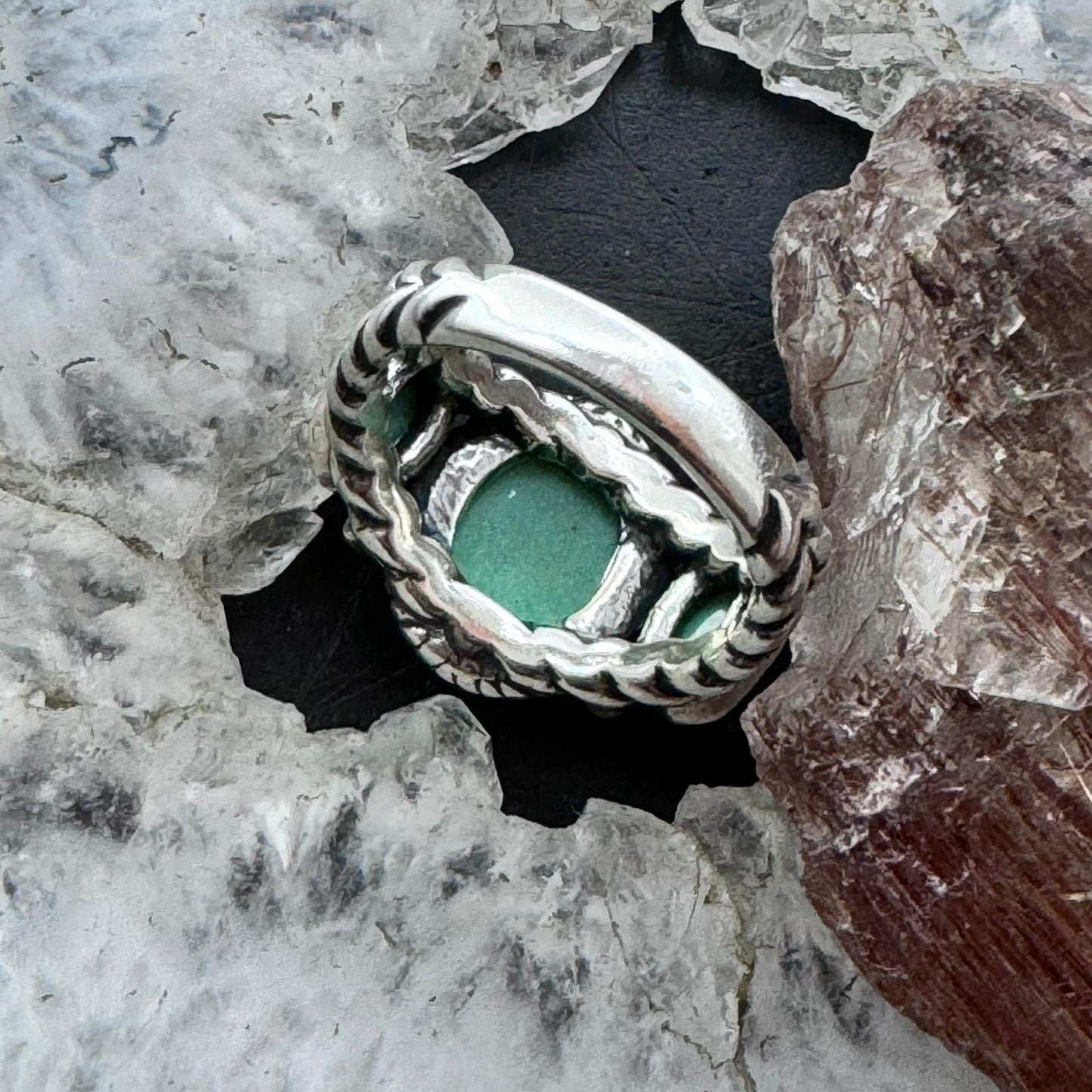 Carolyn Pollack Sterling Silver 3 Oval Green Turquoise Decorated Ring For Women
