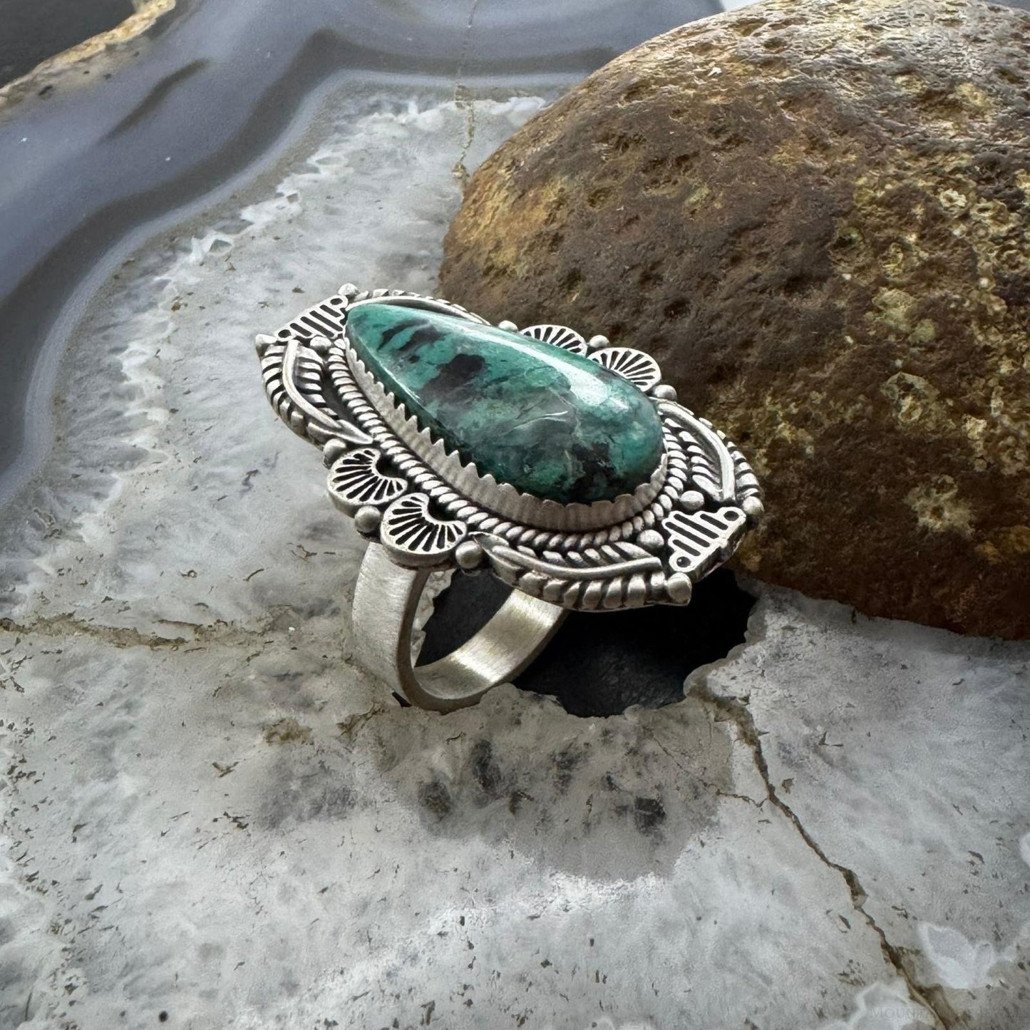 Sterling Silver Southwestern Style Teardrop Turquoise Decorated Adjustable Ring For Women