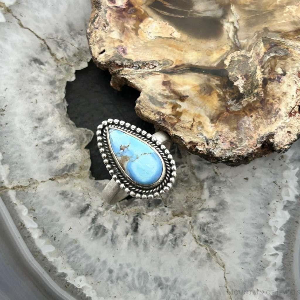 Sterling Silver Southwestern Style Teardrop Golden Hill Turquoise Adjustable Ring For Women