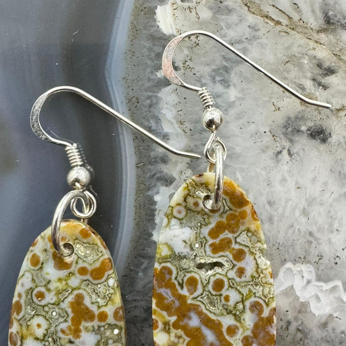 Sterling Silver Elongated Oval River Jasper Slab Dangle Earrings For Women #352