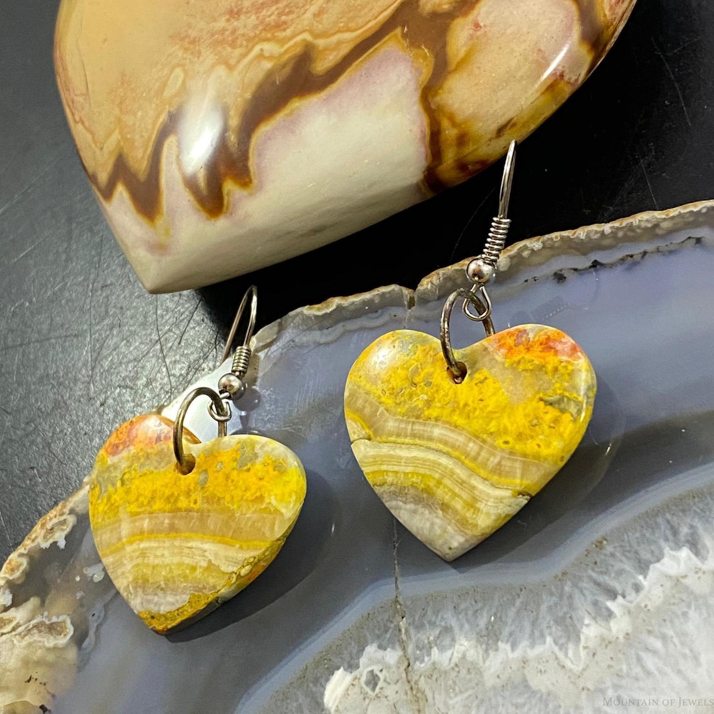 Sterling Silver Heart Shape Bumblebee Jasper Slab Dangle Earrings For Women #2
