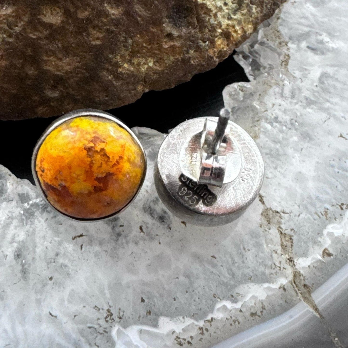 Sterling Silver Southwestern Style Spiny Oyster Rounded Stud Earrings For Women