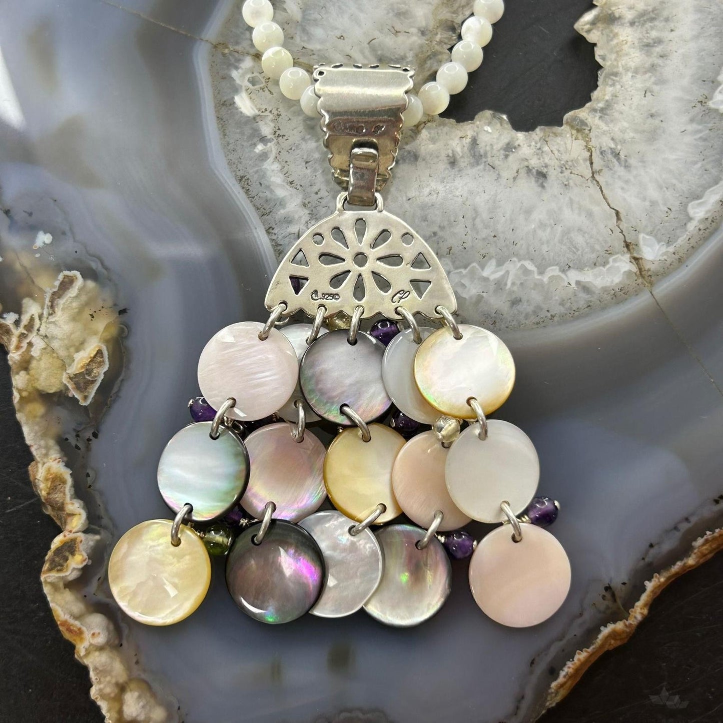 Carolyn Pollack Sterling Silver Multi Stone Dangle Pendant with MOP Necklace For Women