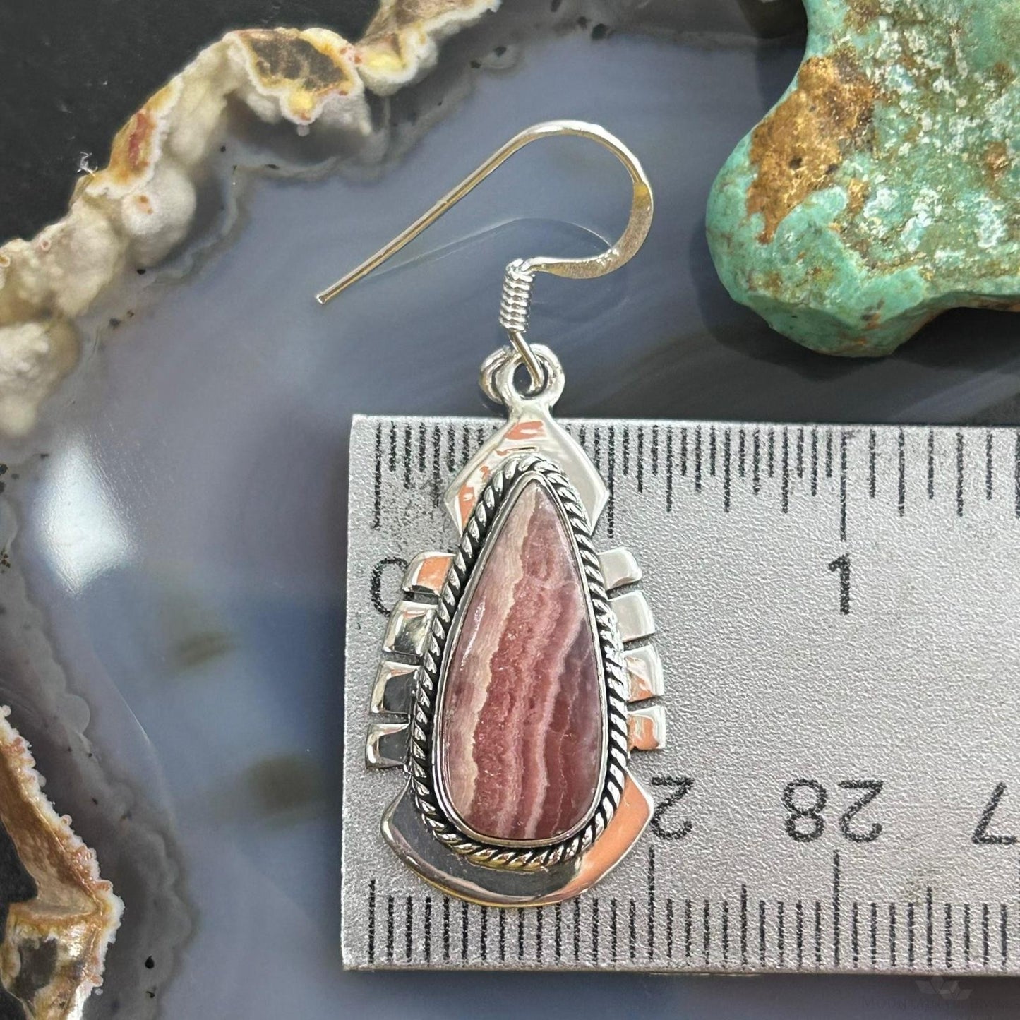 Sterling Silver Southwestern Style Teardrop Rhodochrosite Dangle Earrings For Women