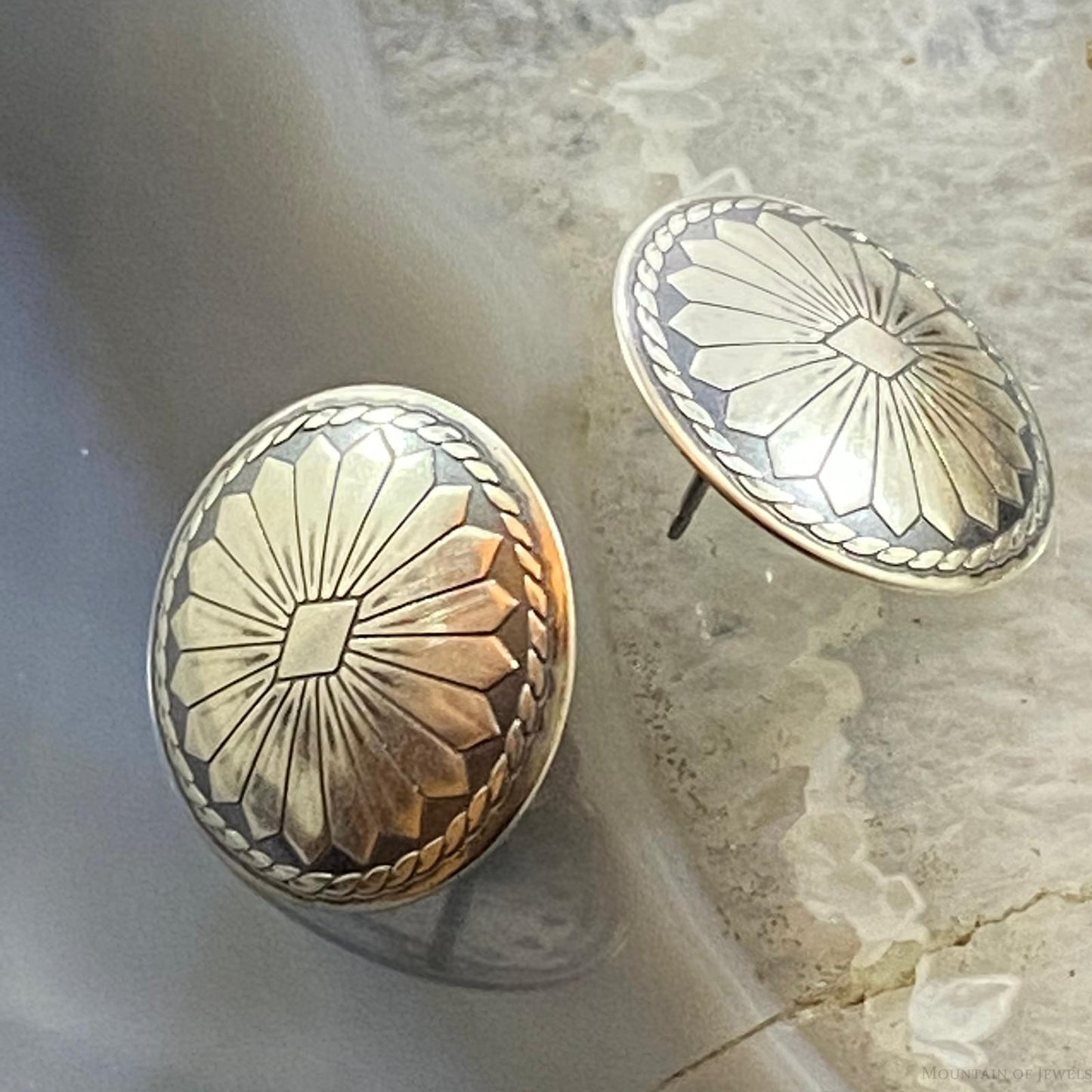 Native American Sterling Silver Round Floral Stud Earrings For Women