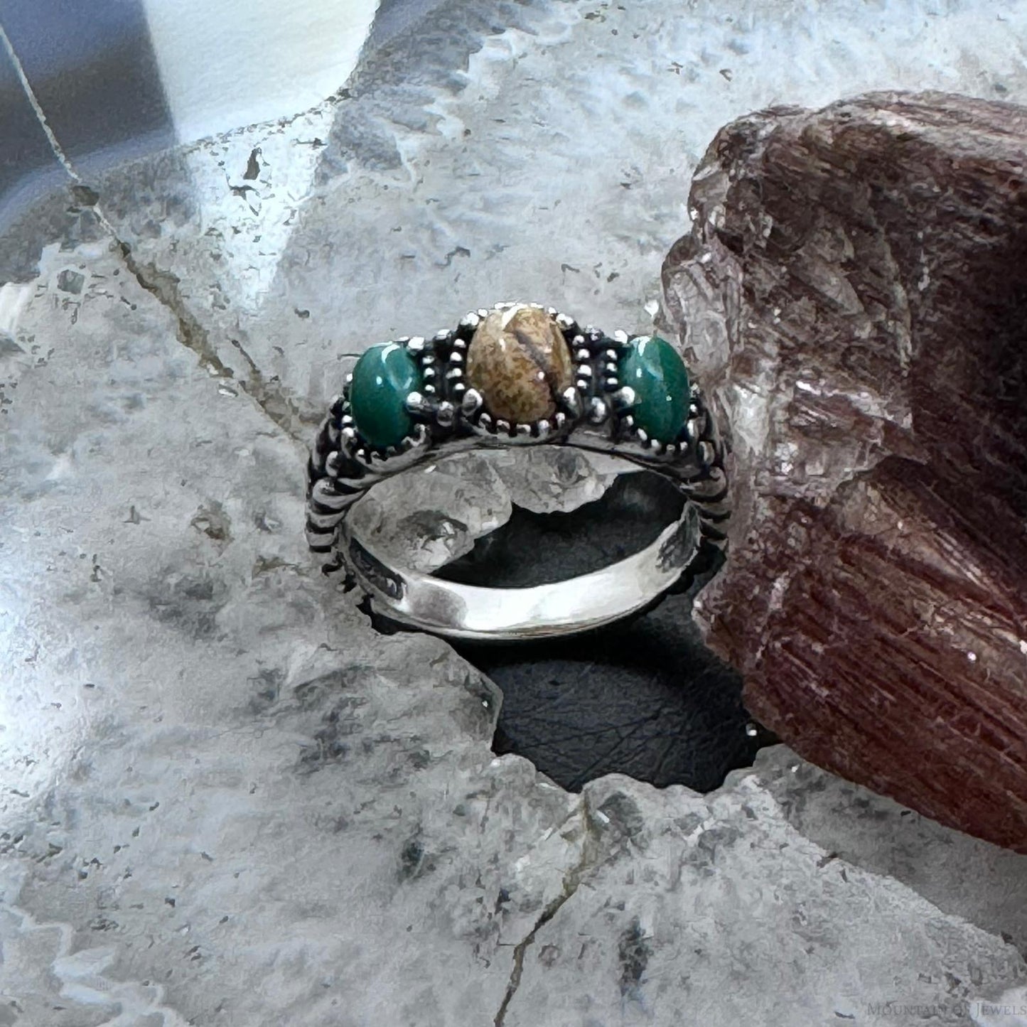 Carolyn Pollack Sterling Silver Oval Picture Jasper & 2 Green Turquoise Ring For Women