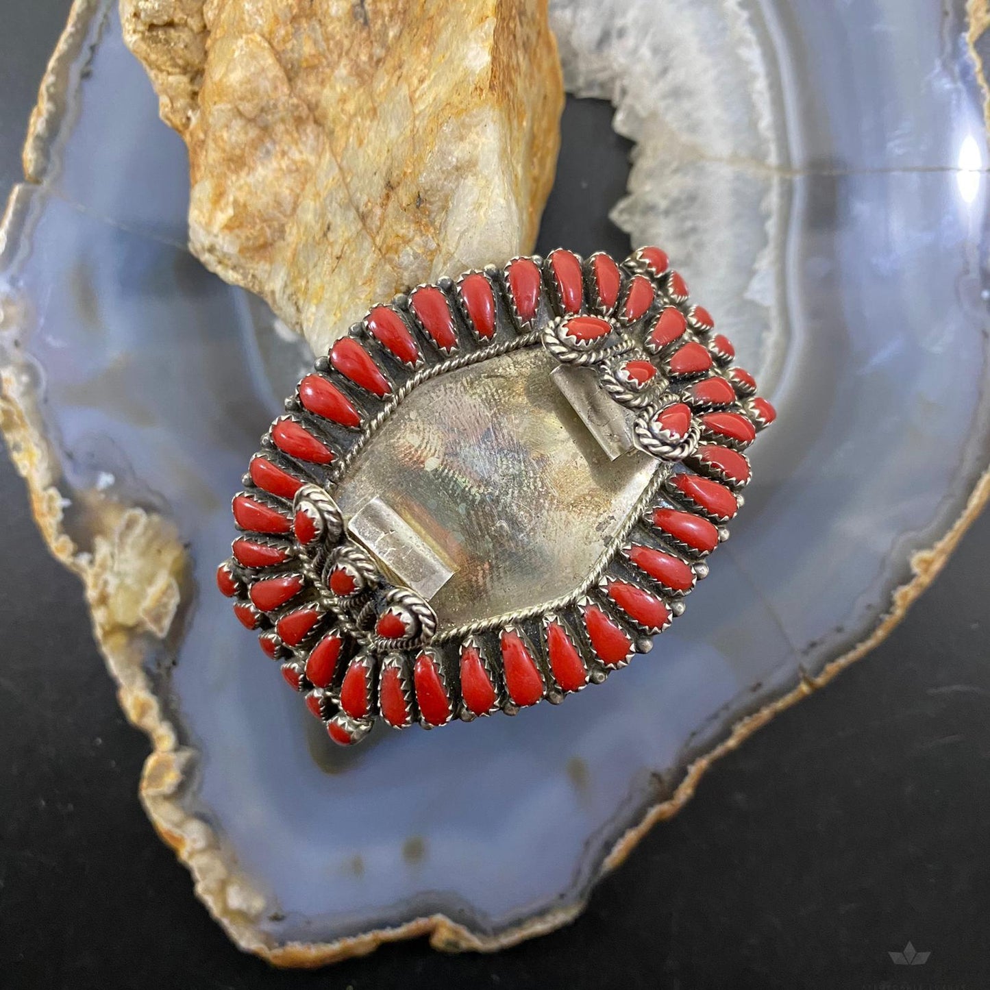 Vintage Signed Native American Sterling Silver Coral Watch Bracelet For Women