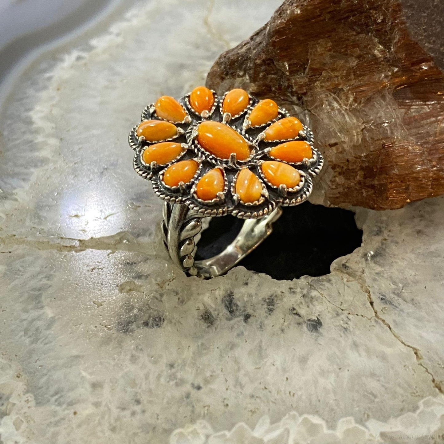 Carolyn Pollack Southwestern Style Sterling Silver Orange Spiny Oyster Decorated Cluster Ring For Women
