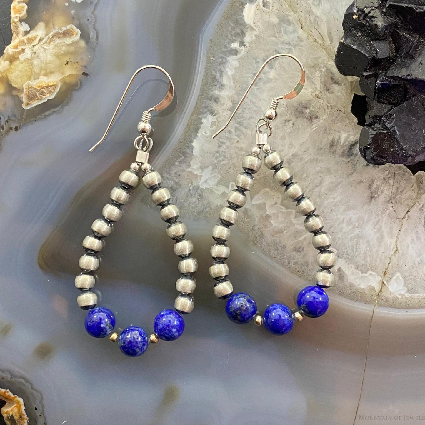 Navajo Pearl Bead & Lapis Bead Dangle Hoop Earrings For Women