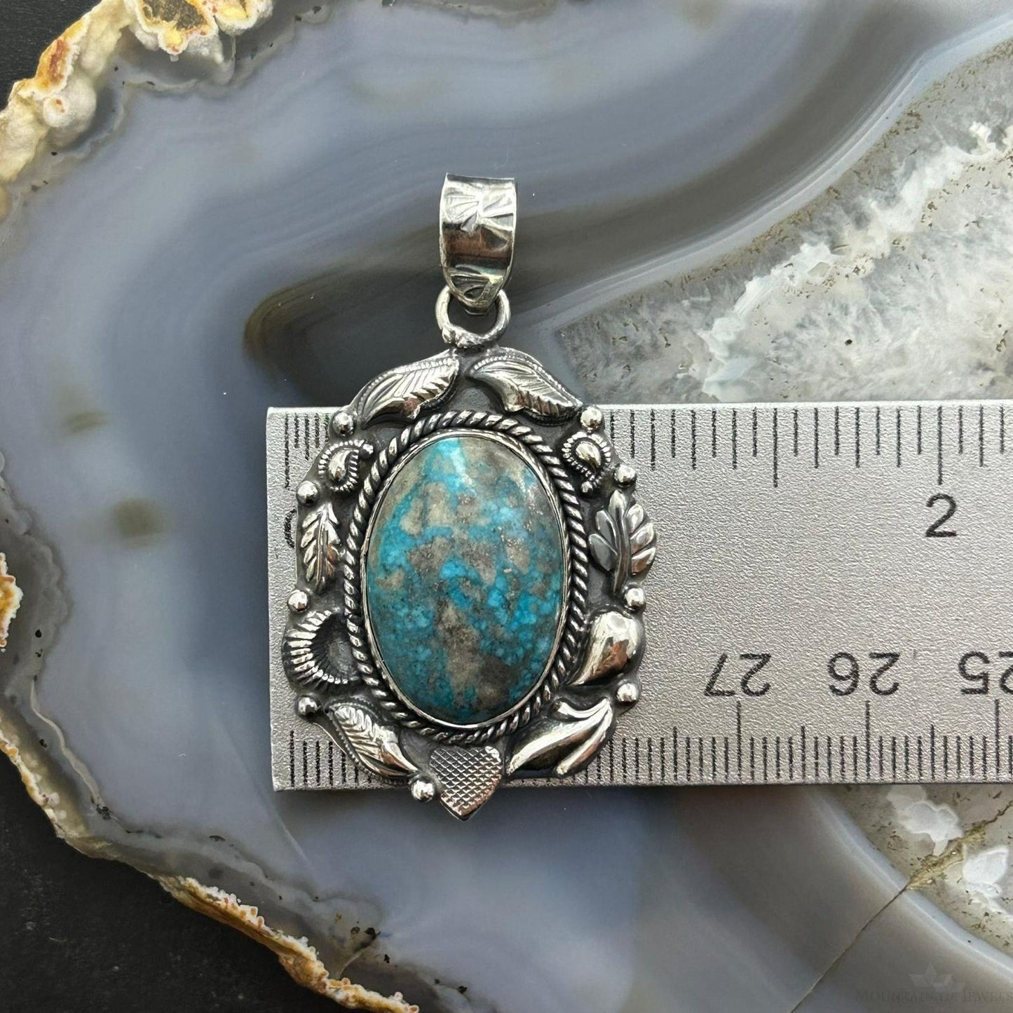 Sterling Silver Southwestern Style Oval Turquoise Decorated Pendant For Women