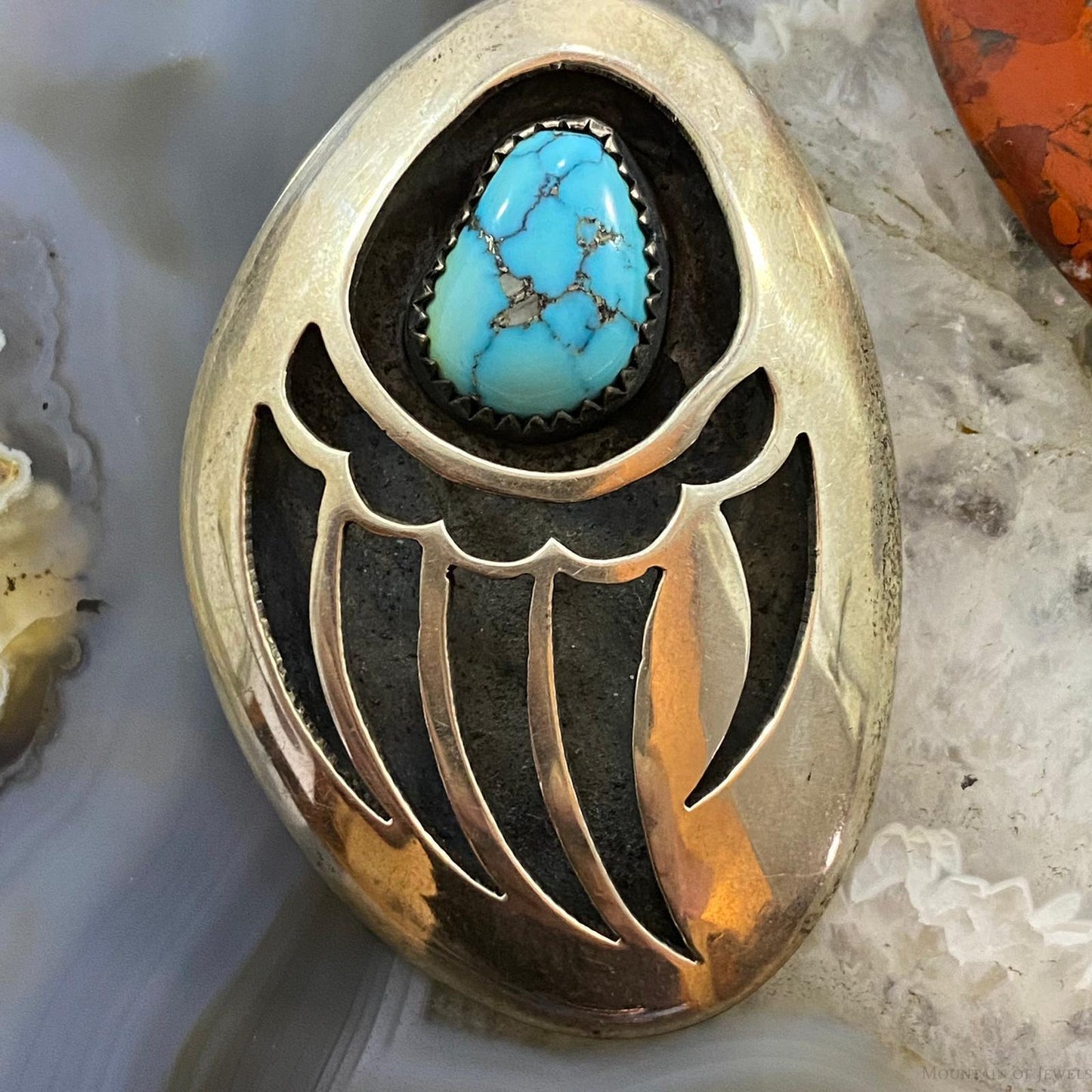 Vintage Native American Silver Turquoise Shadowbox Bear Claw Brooch For Women