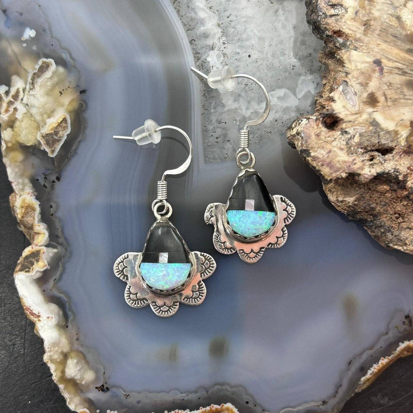 Clifton Aguilar Sterling Silver Teardrop Multistone Inlay Dangle Earrings For Women