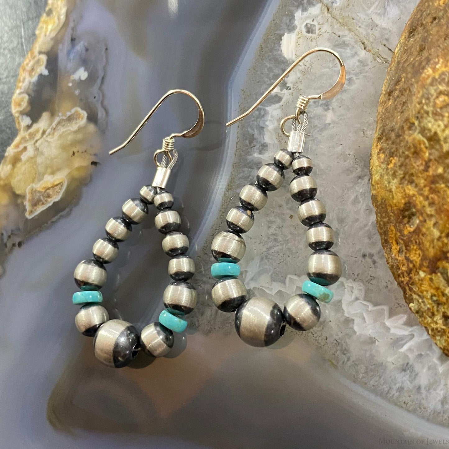 Graduated Navajo Pearl Beads &Turquoise Sterling Hoop Dangle Earrings For Women