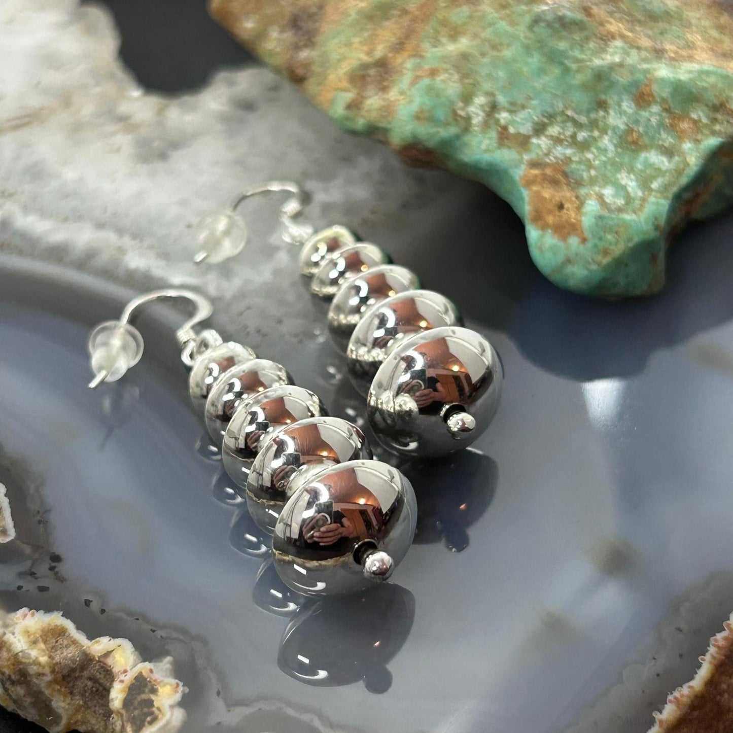 Priscilla Apache Native American Sterling Silver Saucer Beads Dangle Earrings For Women