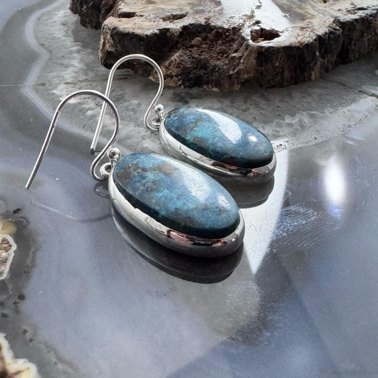 Sterling Silver Southwestern Style Oval Shattuckite Dangle Earrings For Women